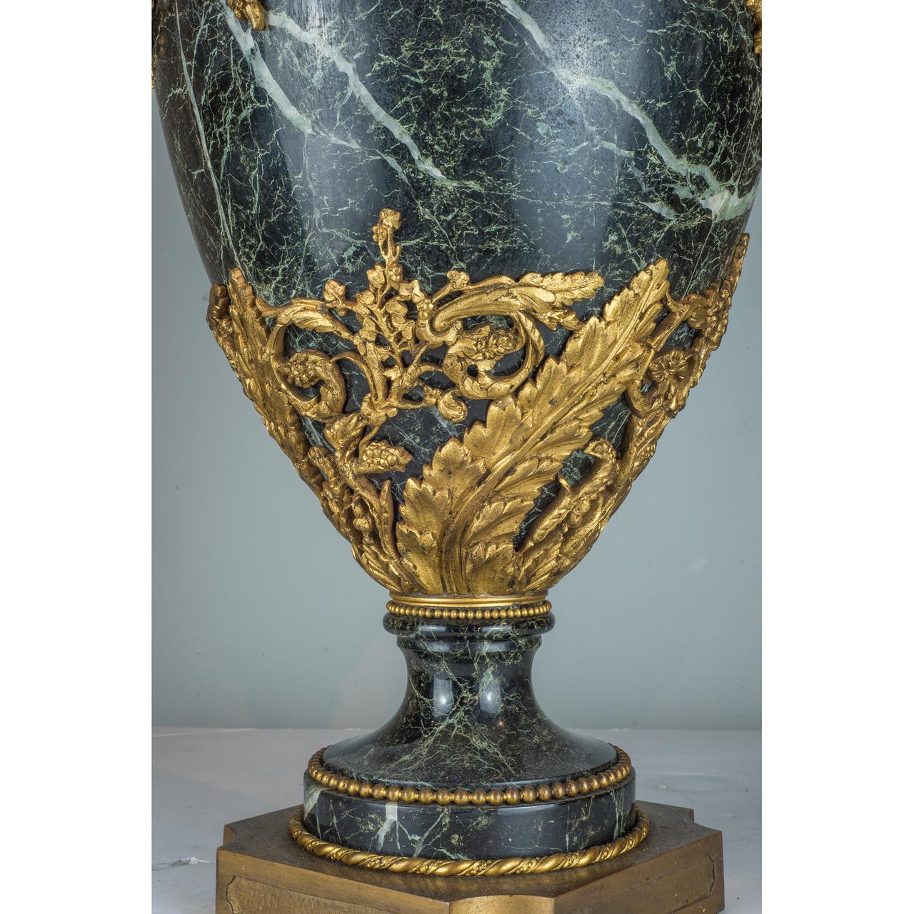 19th Century A Grand Ormolu-Mounted Verde Antico Marble Urns with Serpent Handles For Sale