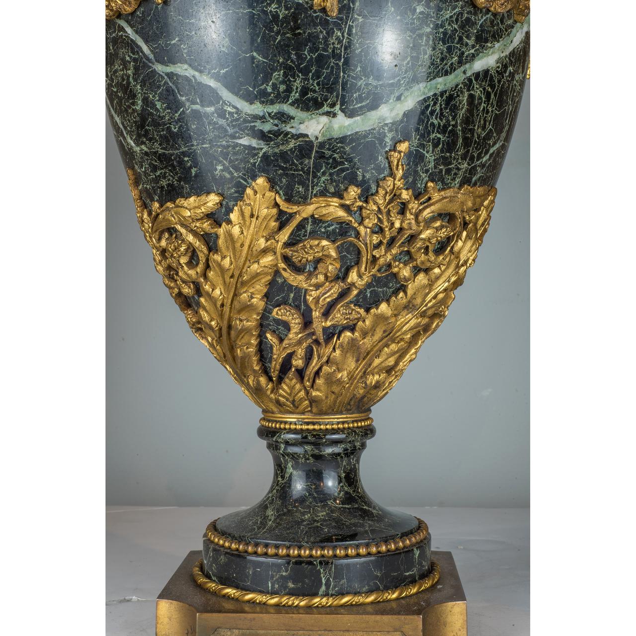 A Grand Ormolu-Mounted Verde Antico Marble Urns with Serpent Handles For Sale 1