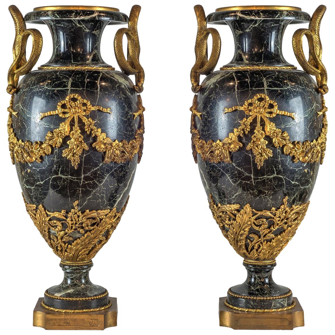 A Grand Ormolu-Mounted Verde Antico Marble Urns with Serpent Handles For Sale