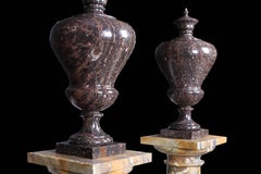 Grand Pair of Neoclassical Style Vintage Marble Urns on Column Plinths