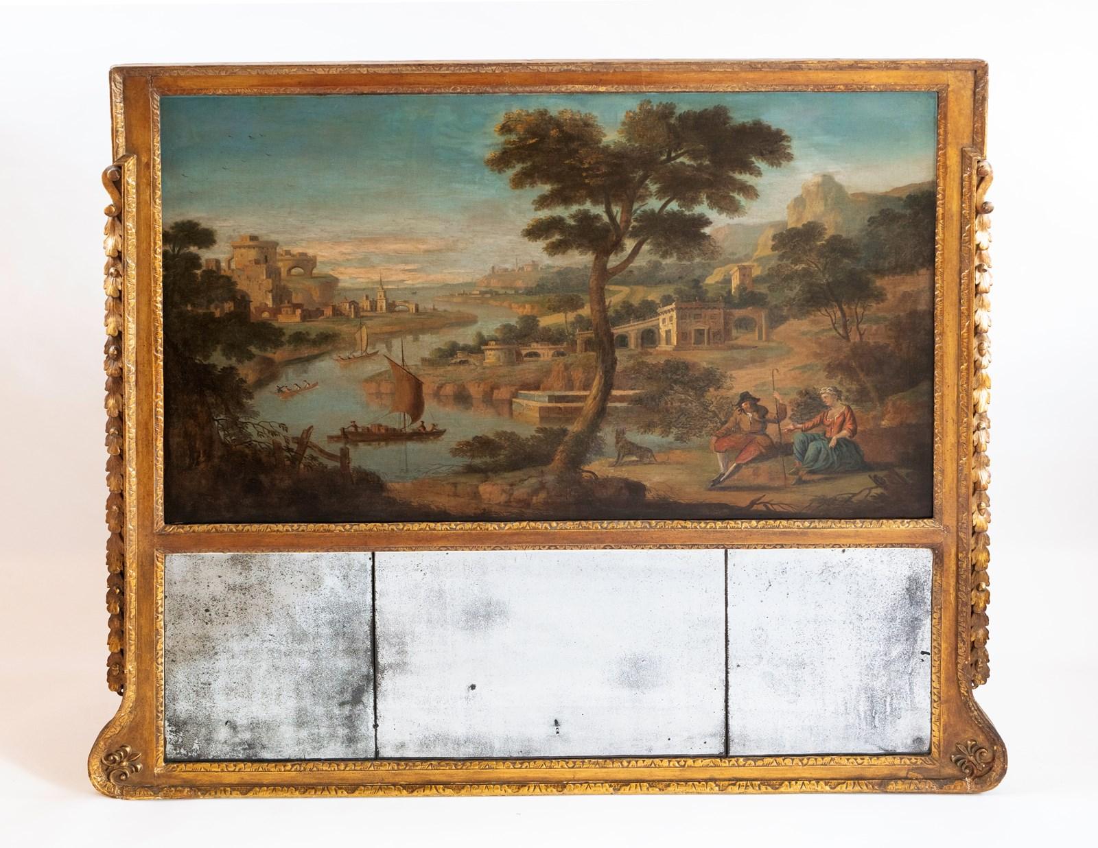 Charmant miroir à trumeau en bois doré de George II, de grande taille, qui devient de plus en plus difficile à trouver. Un modèle similaire a récemment été vendu chez Sotheby's New York le 1er février 2023 dans The Hyde Park Antiques Sale Part II