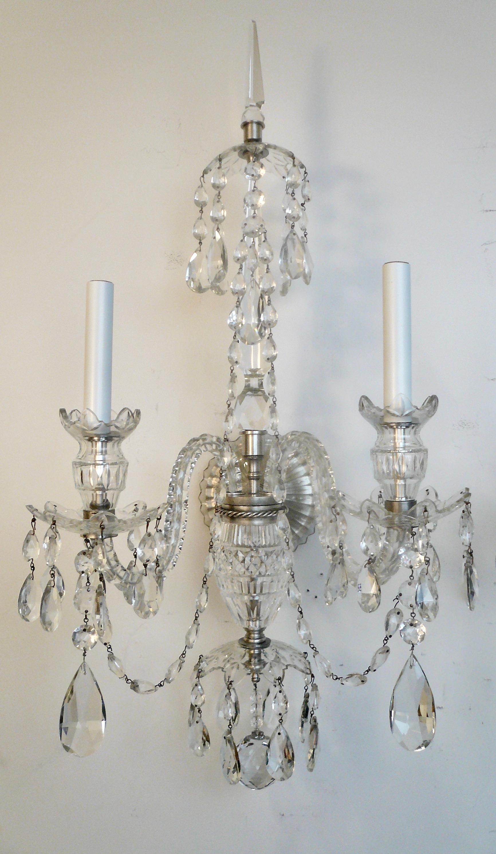 English A Grand Scale Pair Cut Crystal Georgian Design Sconces in the Waterford Style For Sale