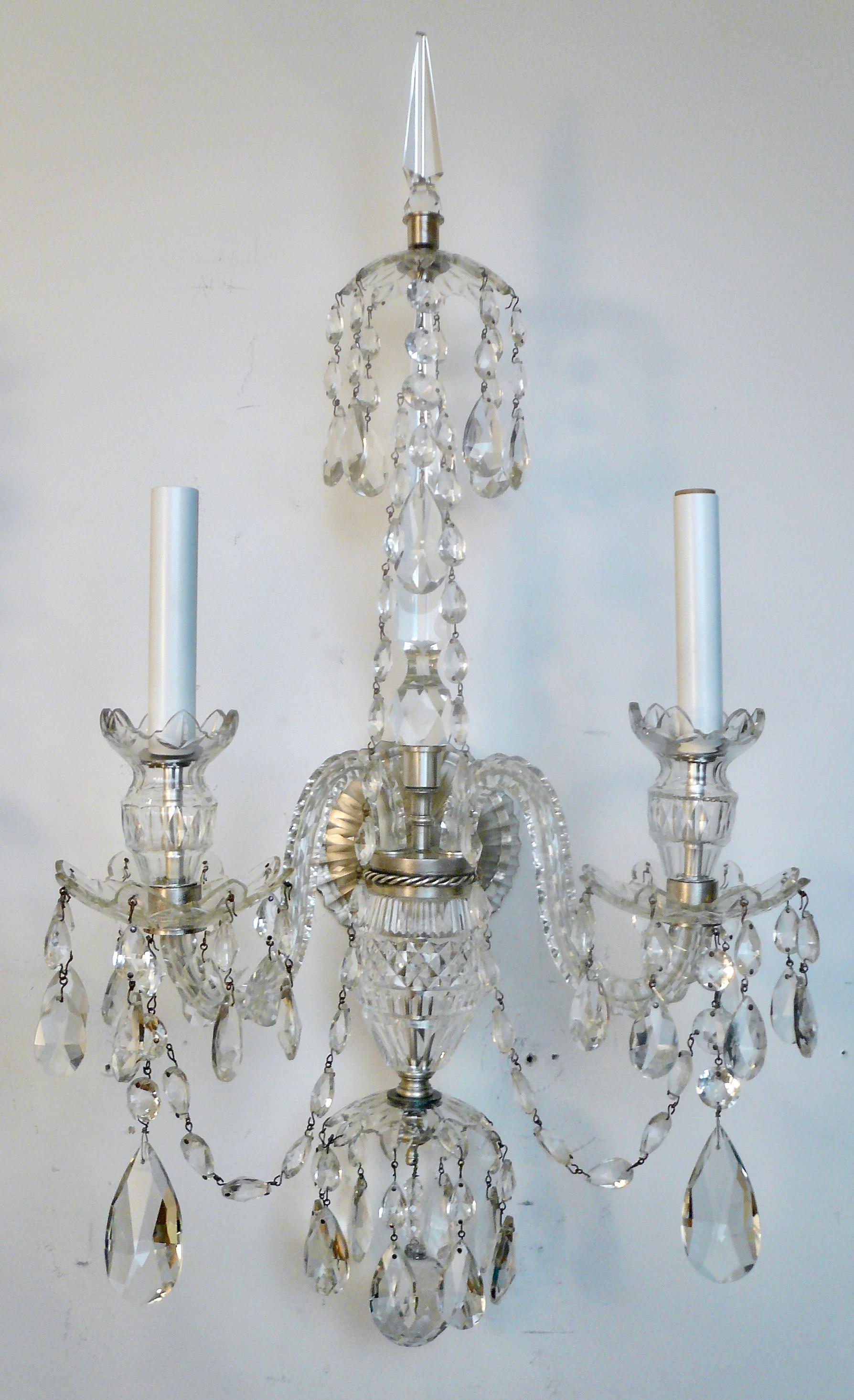Silver Plate A Grand Scale Pair Cut Crystal Georgian Design Sconces in the Waterford Style For Sale