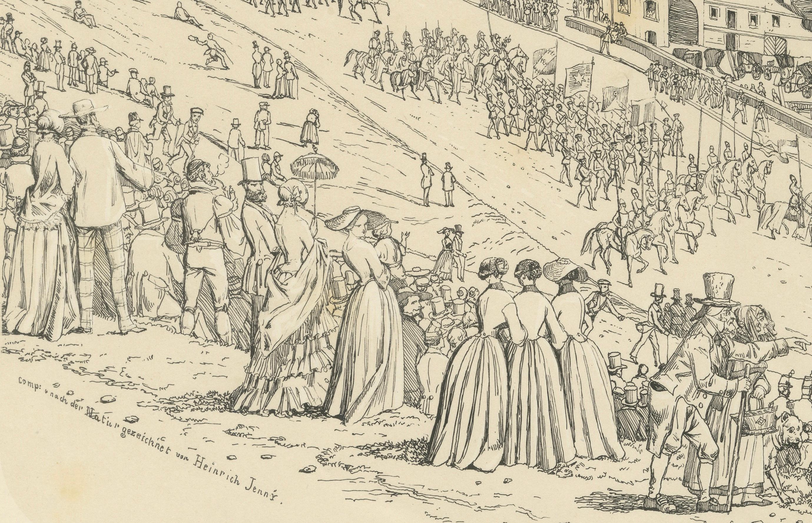 A Grand Spectacle in 1855 – The Historic Procession Through Bern  
 
This finely detailed lithograph presents a sweeping panoramic view of the grand historical procession that took place in Bern in 1853. 
This print, created by H. Jenny and executed