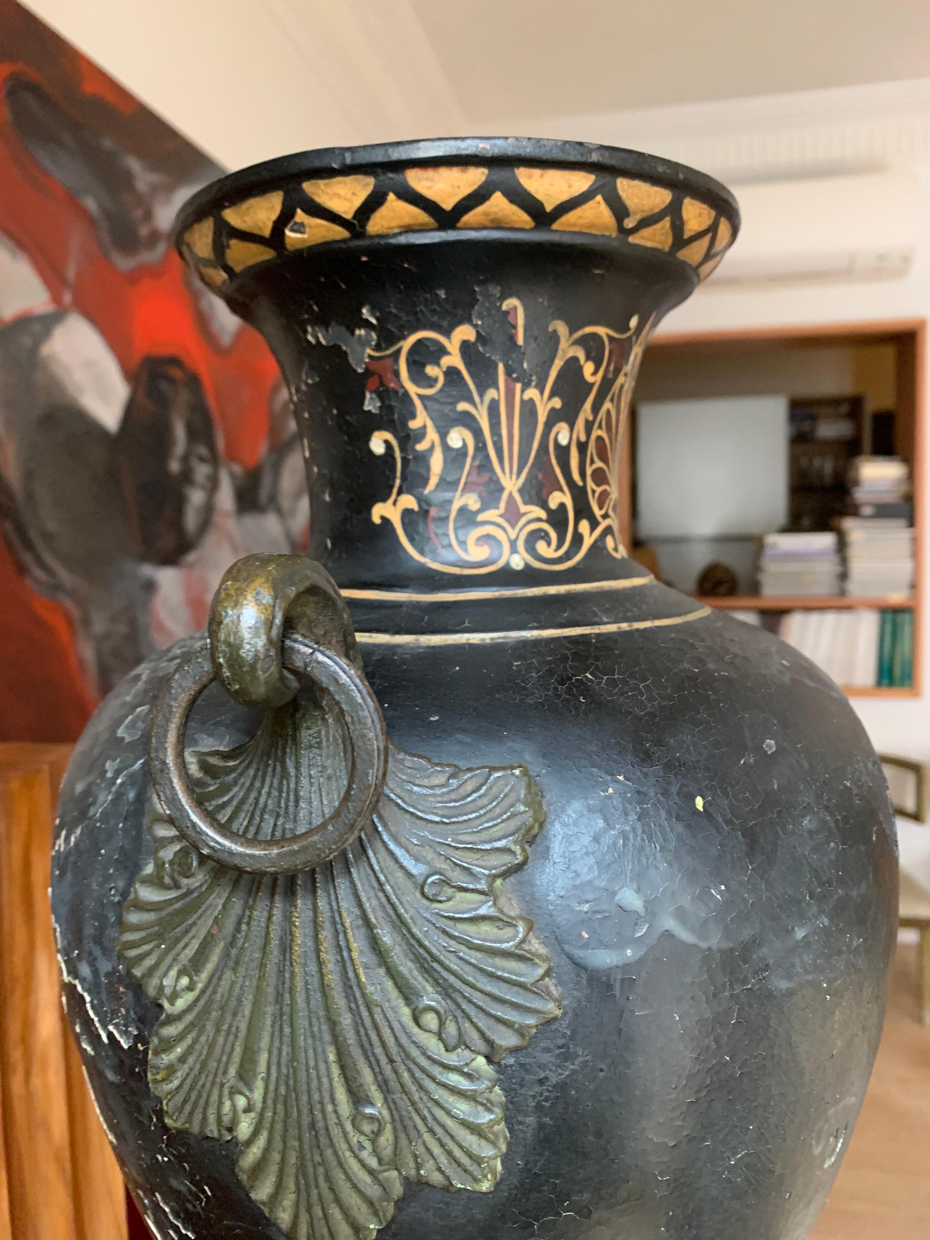 a Grand Tour Etruscan Cast Iron Painted Vase Urn  For Sale 8