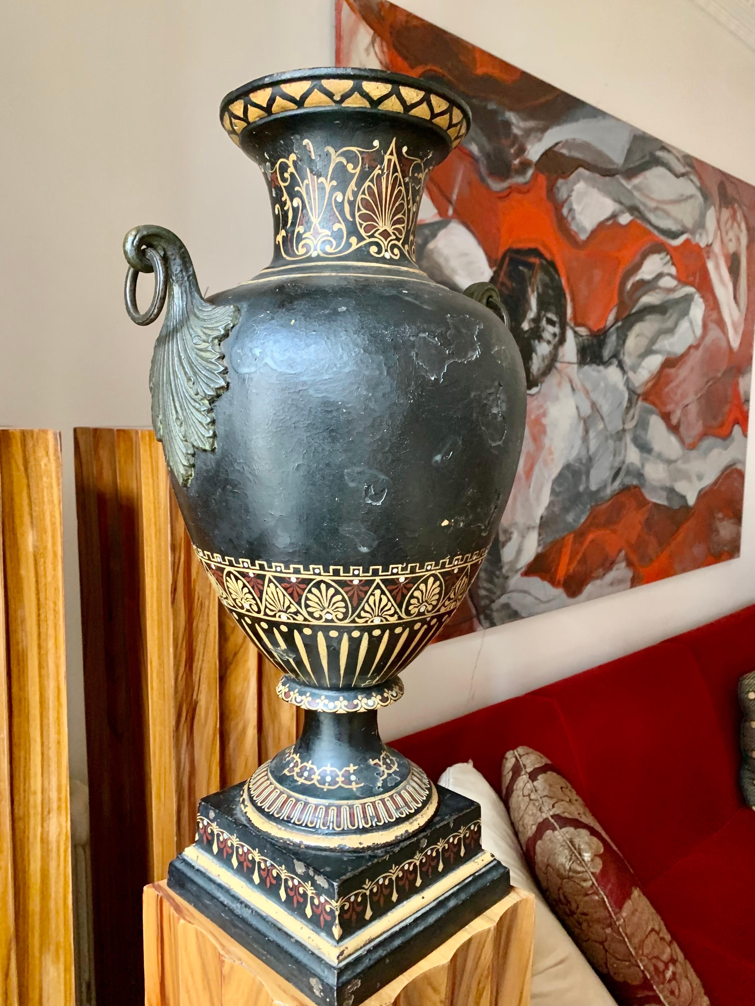 Hand-Painted a Grand Tour Etruscan Cast Iron Painted Vase Urn  For Sale