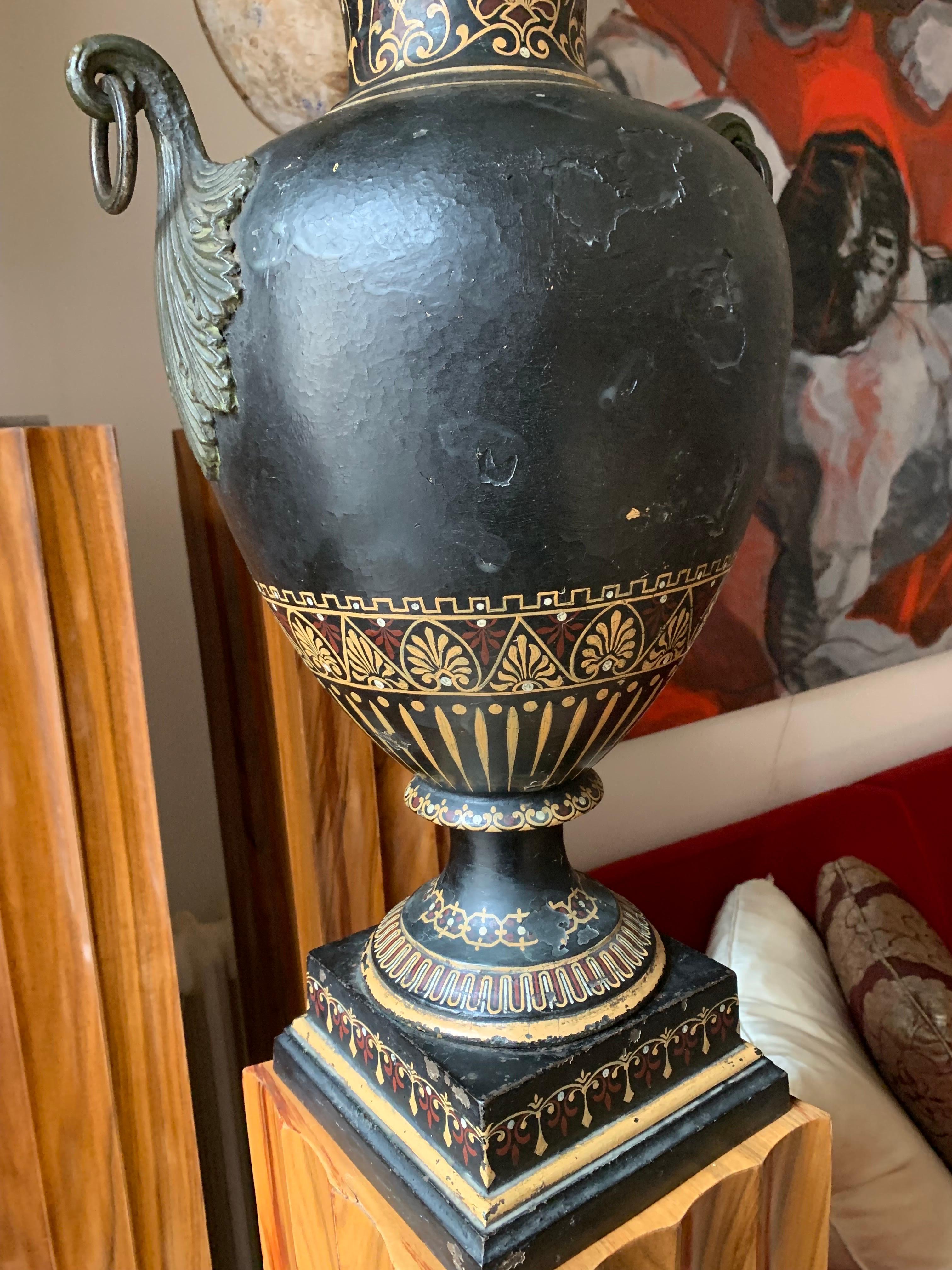 a Grand Tour Etruscan Cast Iron Painted Vase Urn  For Sale 1