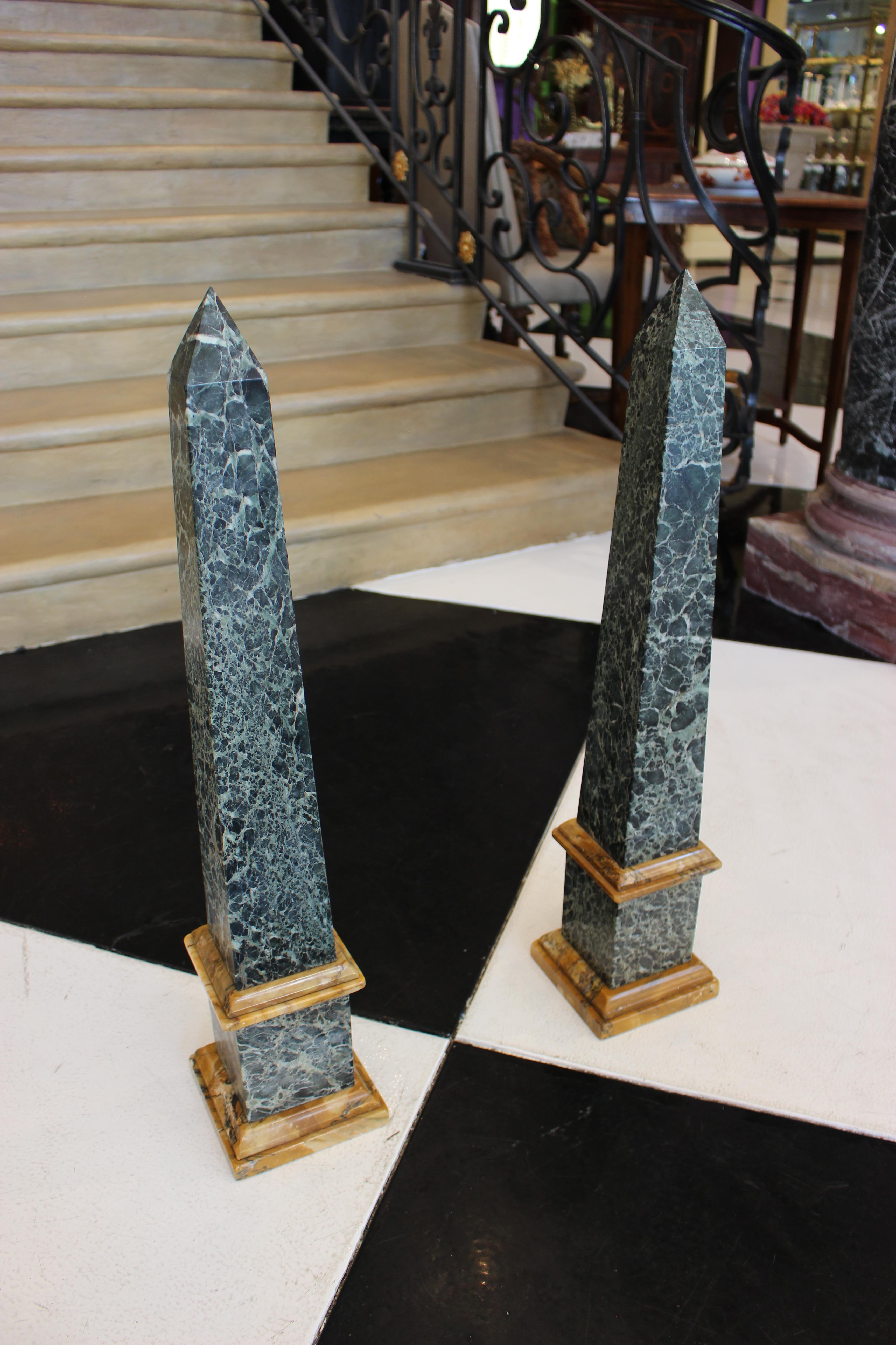 Italian Grand Tour Pair of Green and Sienna Marble Obelisks For Sale