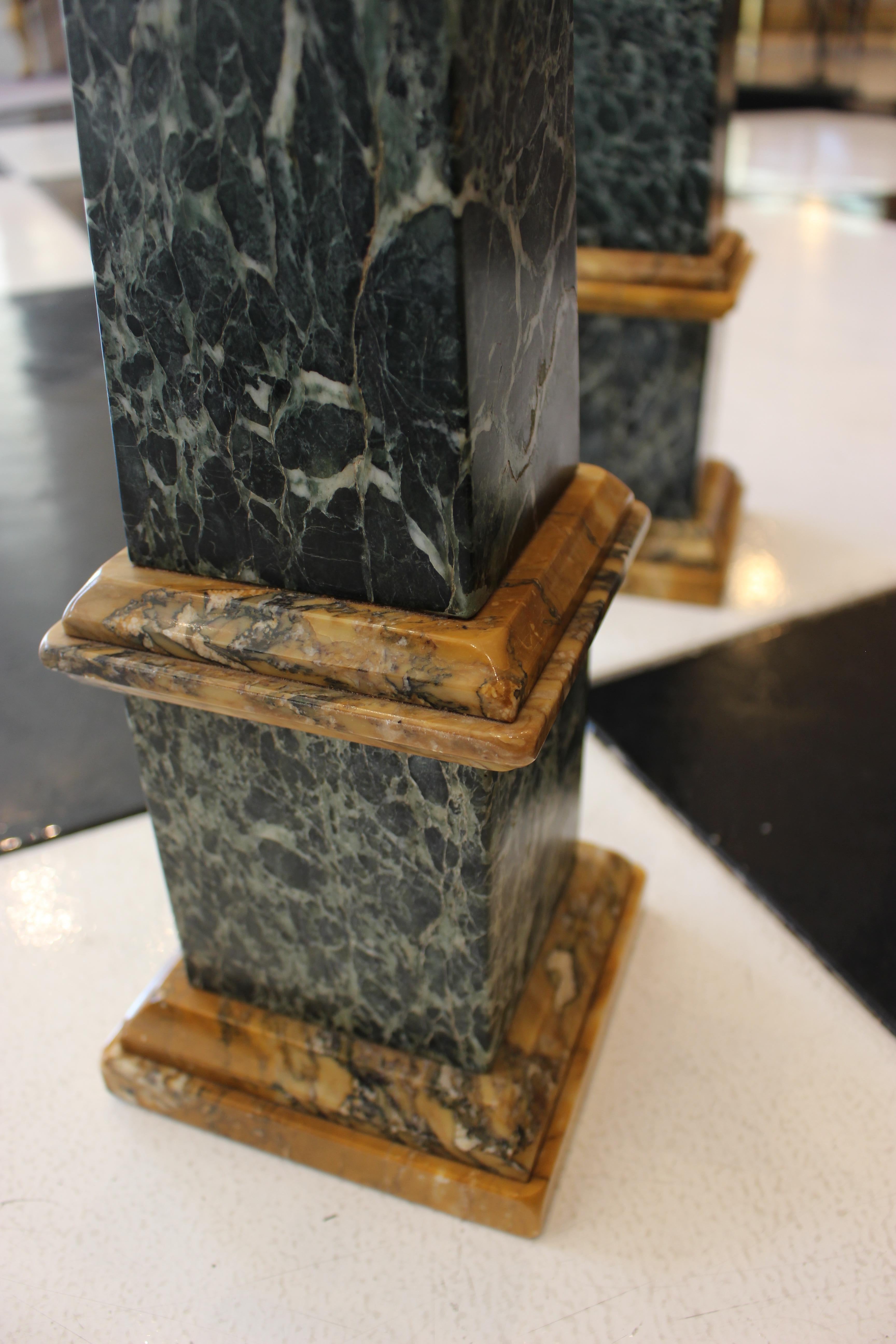 Early 19th Century Grand Tour Pair of Green and Sienna Marble Obelisks For Sale