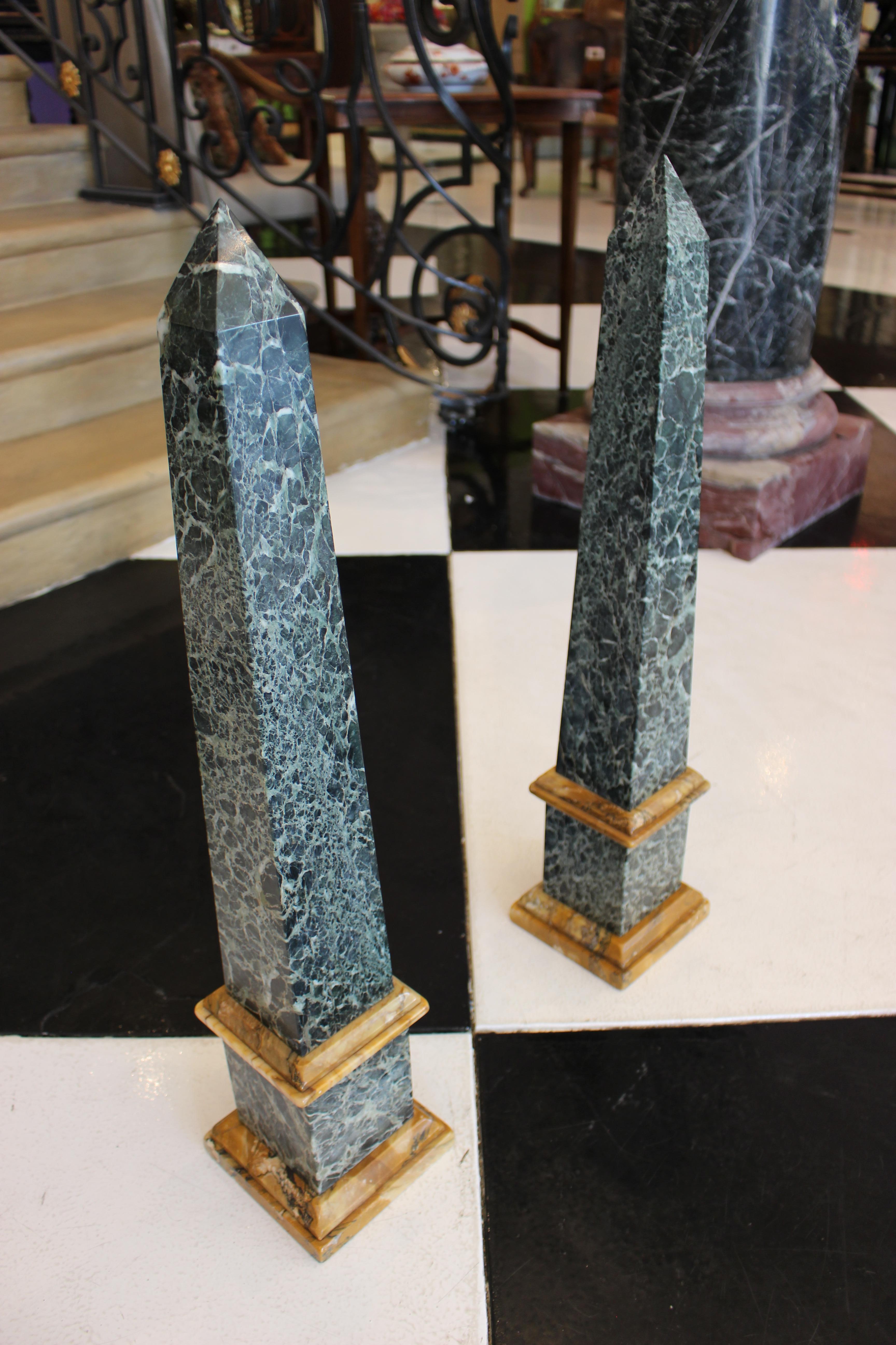Grand Tour Pair of Green and Sienna Marble Obelisks For Sale 1