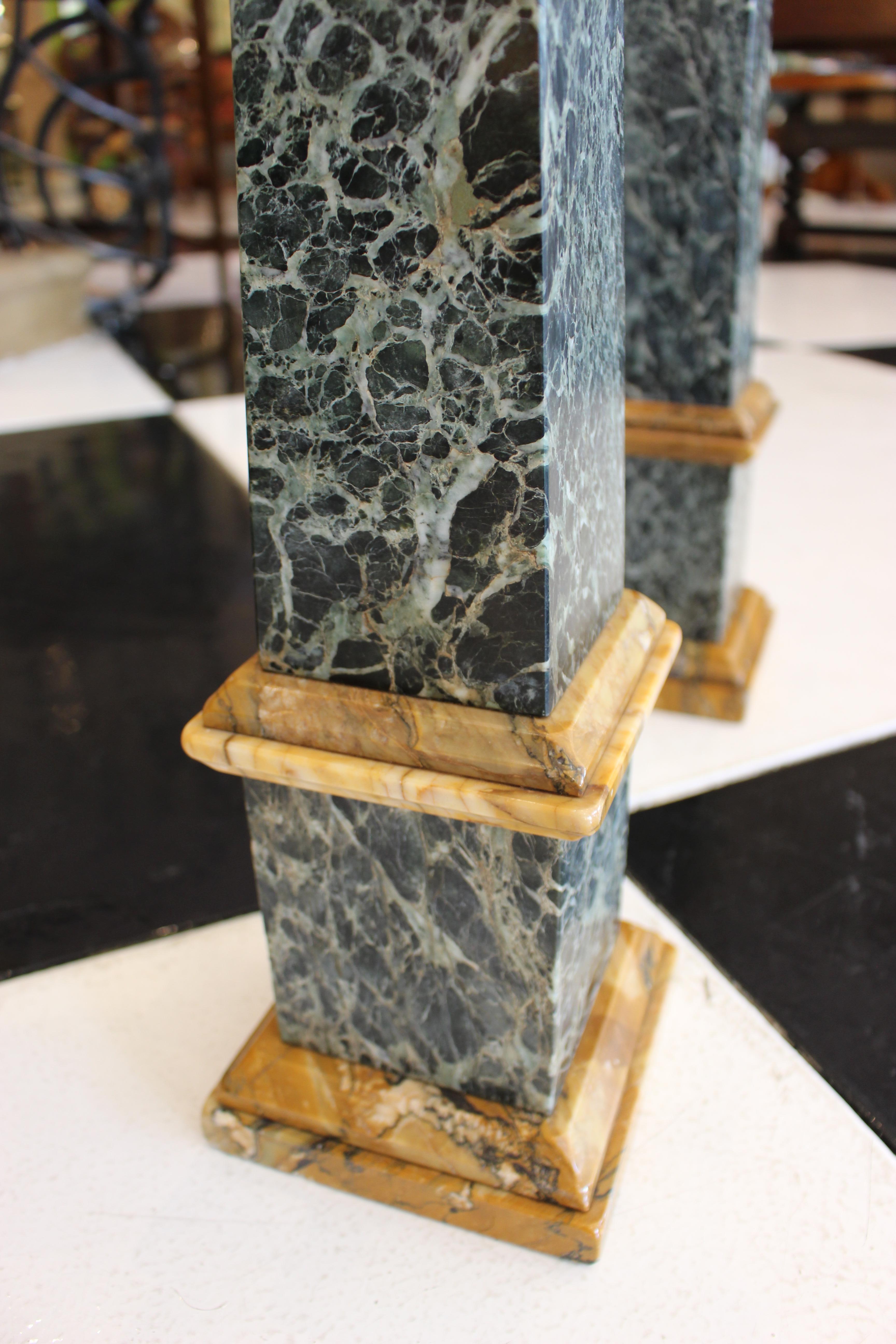 Grand Tour Pair of Green and Sienna Marble Obelisks For Sale 2