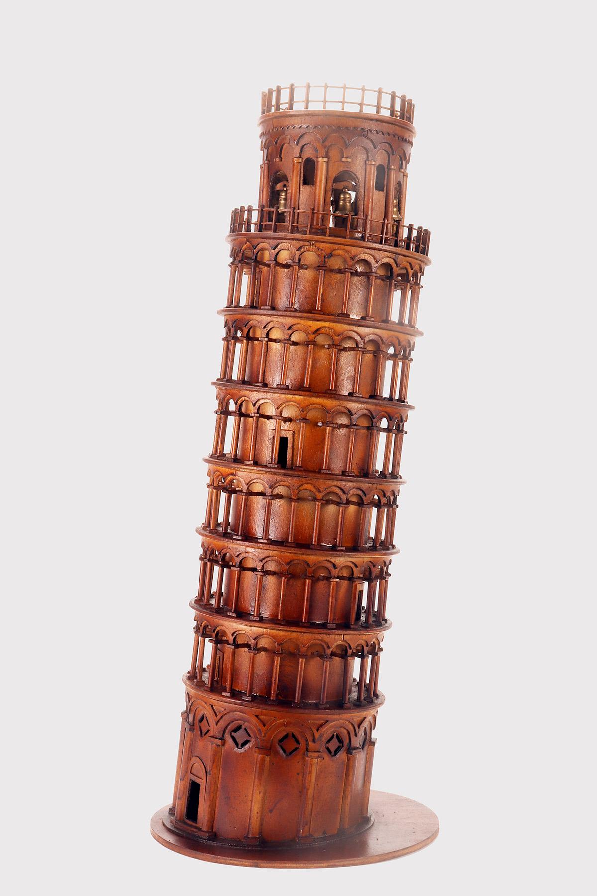 Miniature Wunderkammer Grand Tour architectural model, entirely handmade, in balsa wood and brass, depicting the Tower of Pisa. The bells made of brass are inserted in the final part of the tower. Original patina. Italy second half of the 19th