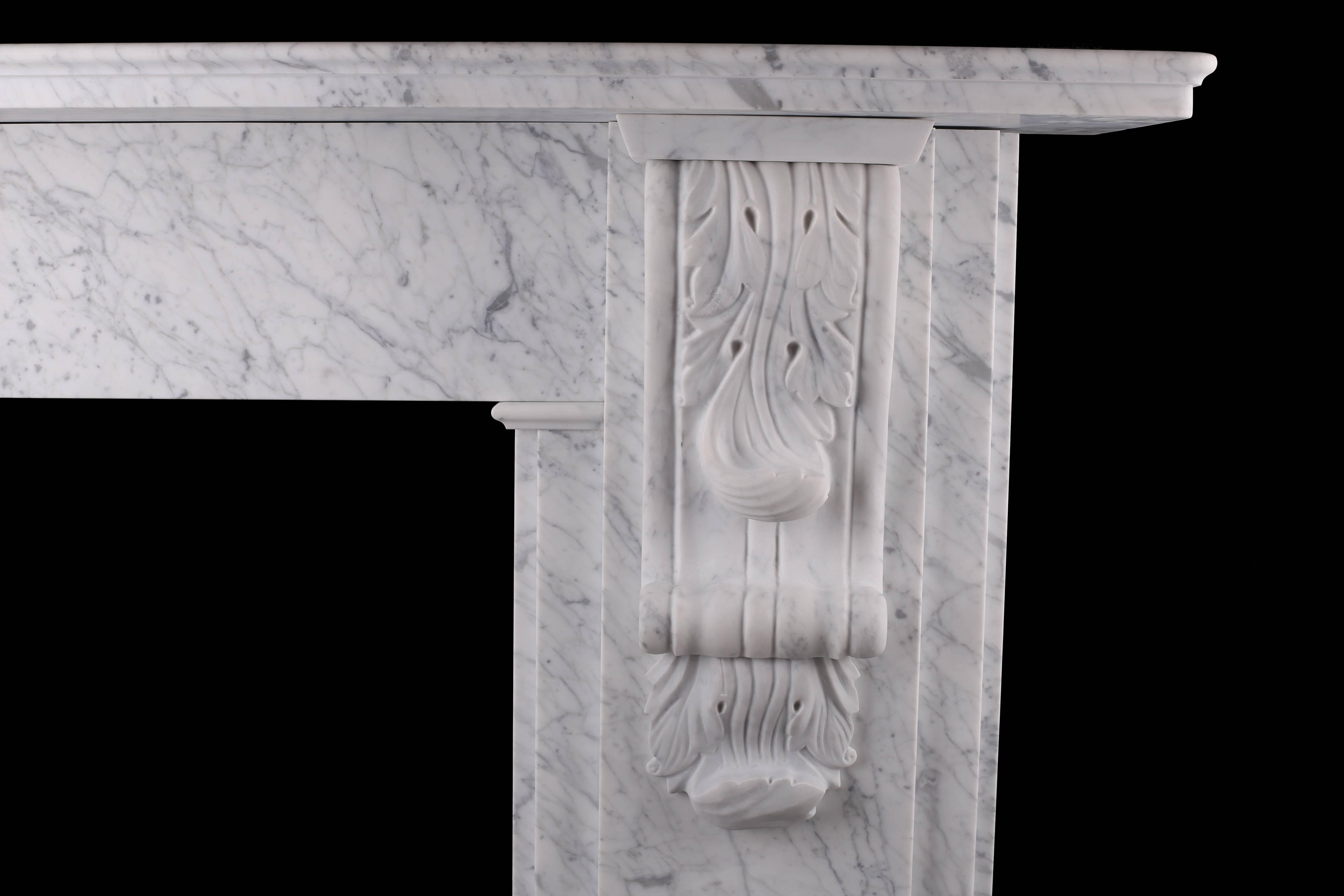 English Grand Victorian Carved Corbel Fireplace in Italian Carrara Marble For Sale