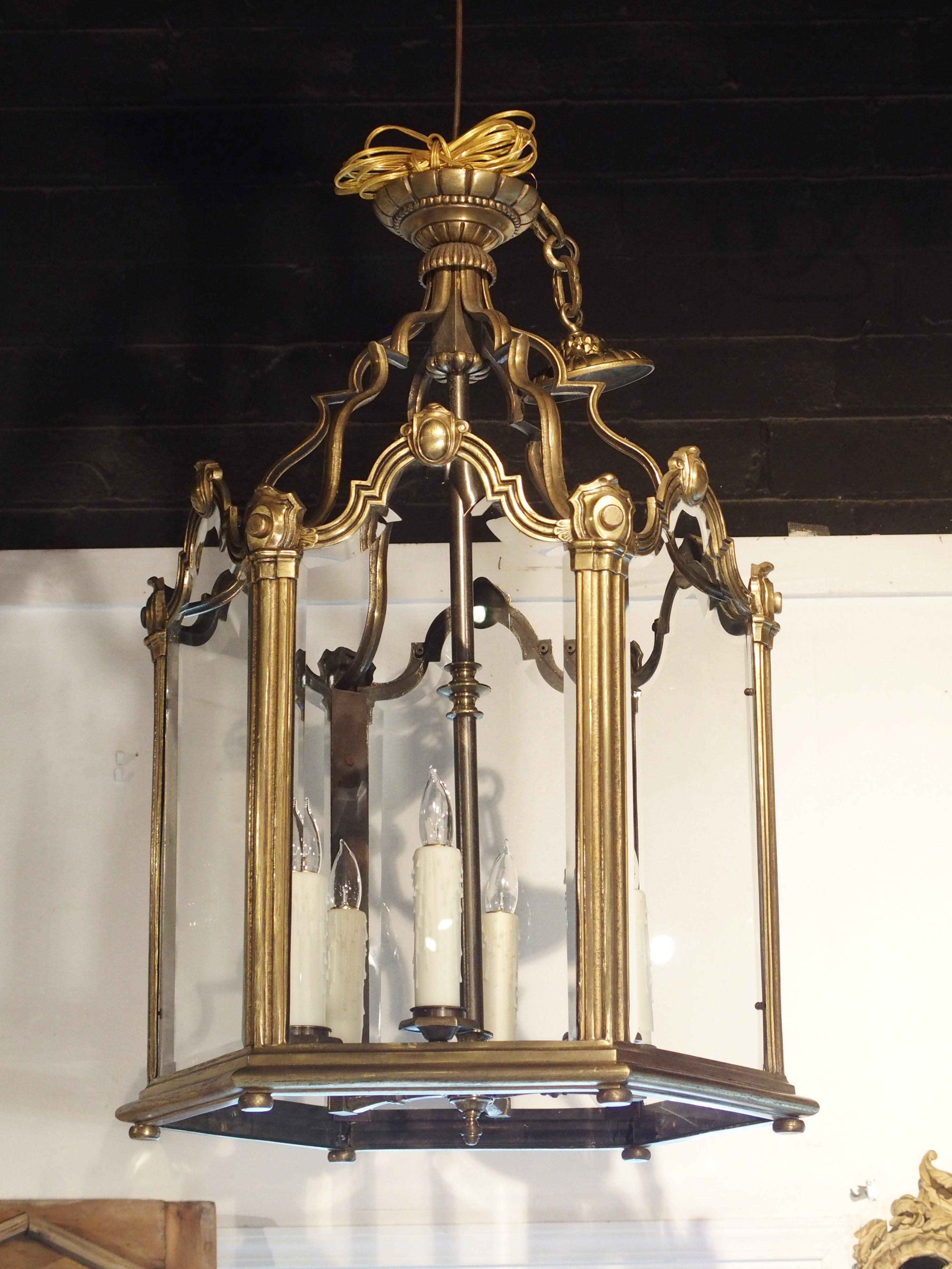 Beveled Grande French Louis XV Style Bronze and Glass Lantern, Circa 1890 For Sale