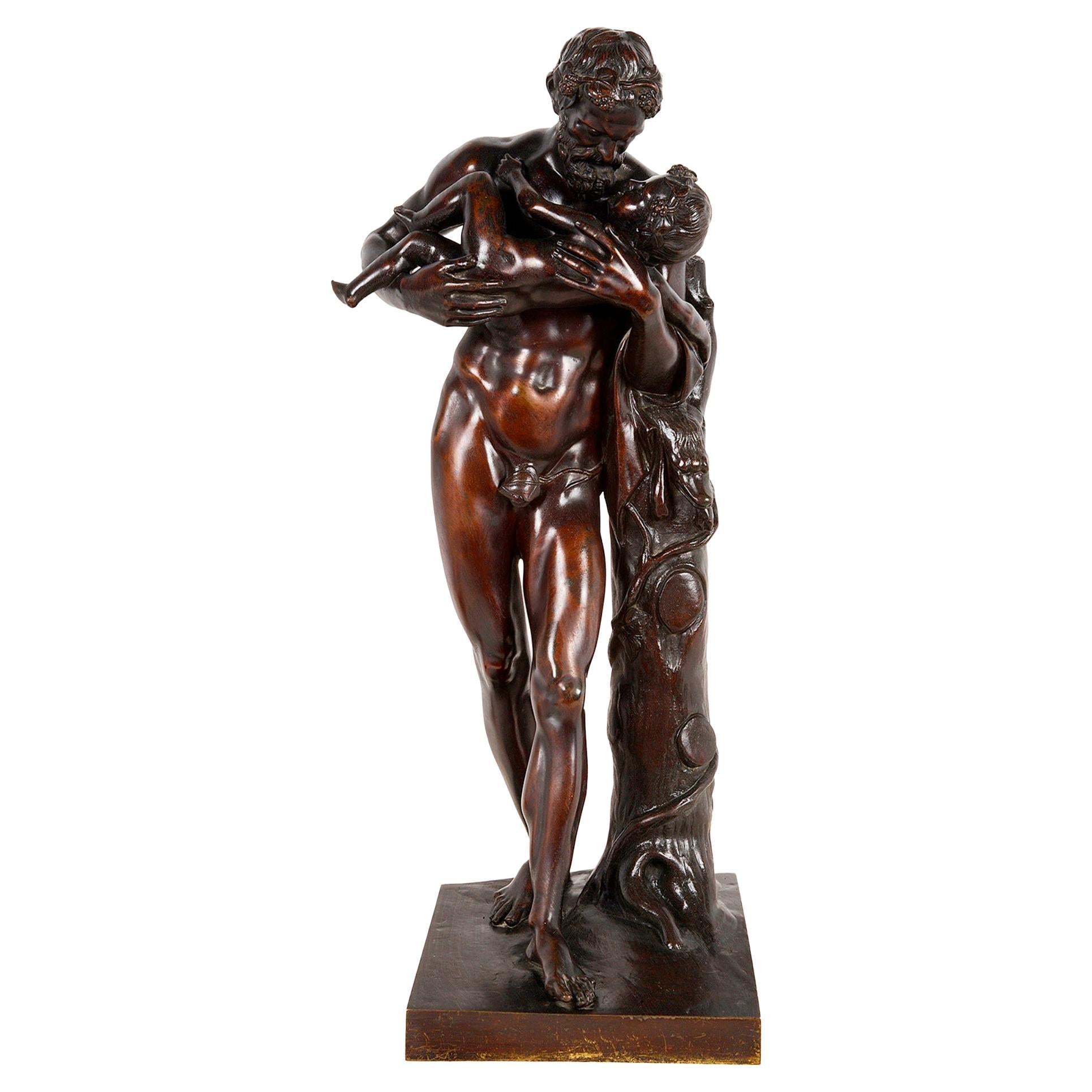 Grant Tour 19th Century Bronze Statue of Silenus Cradling the Infant Dionysus