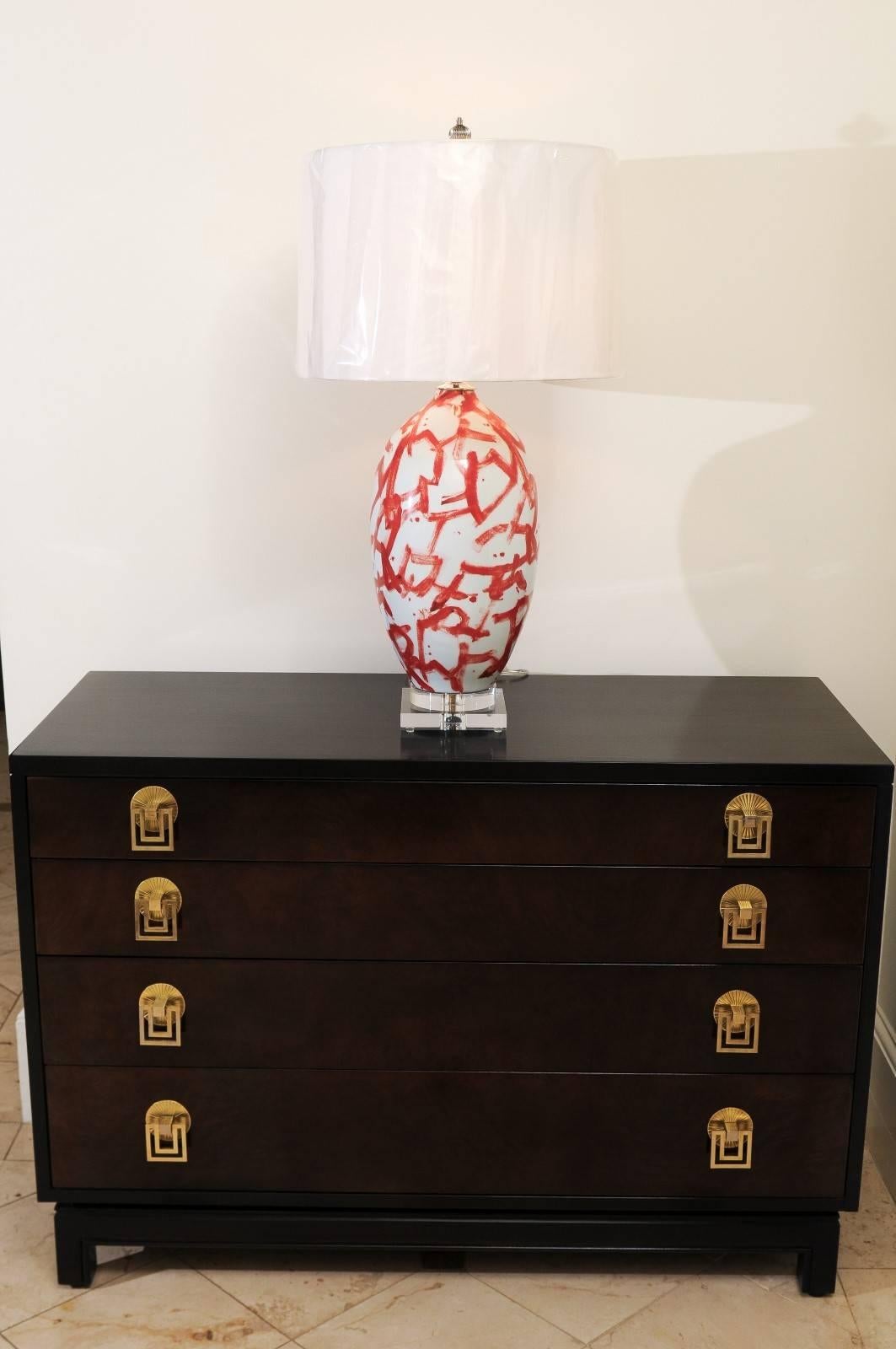 A stunning pair of large-scale vessels, circa 1990, as newly built custom lamps. Beautiful form with graphic markings. Fabulous weight and color. Built using components of only the finest quality. Special pieces designed to accent an important