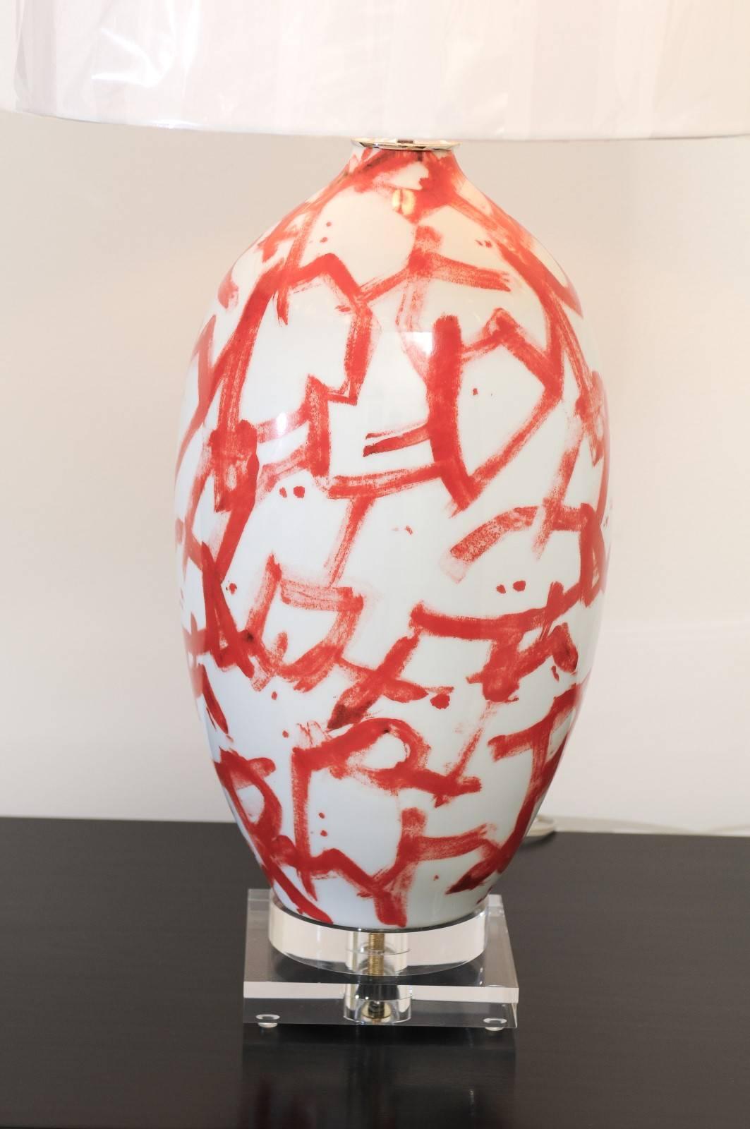 Graphic Pair of Large-Scale Ceramic Vessels as Custom Lamps For Sale 3