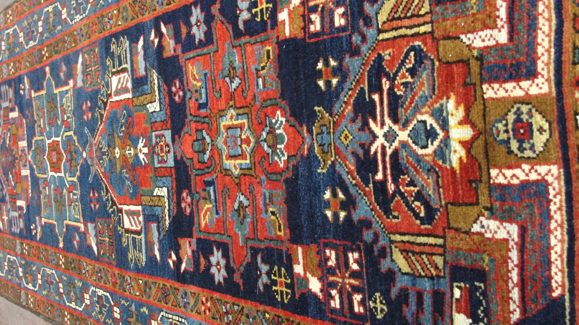 Great size color condition and quality.
Natural-dyed wool Persian Karaja rug handmade in or near the village of Qaraajeh (Karaja), in the Qareh Daagh (Karadagh) region of Iran just south of the Azerbaijan border, northeast of Tabriz.