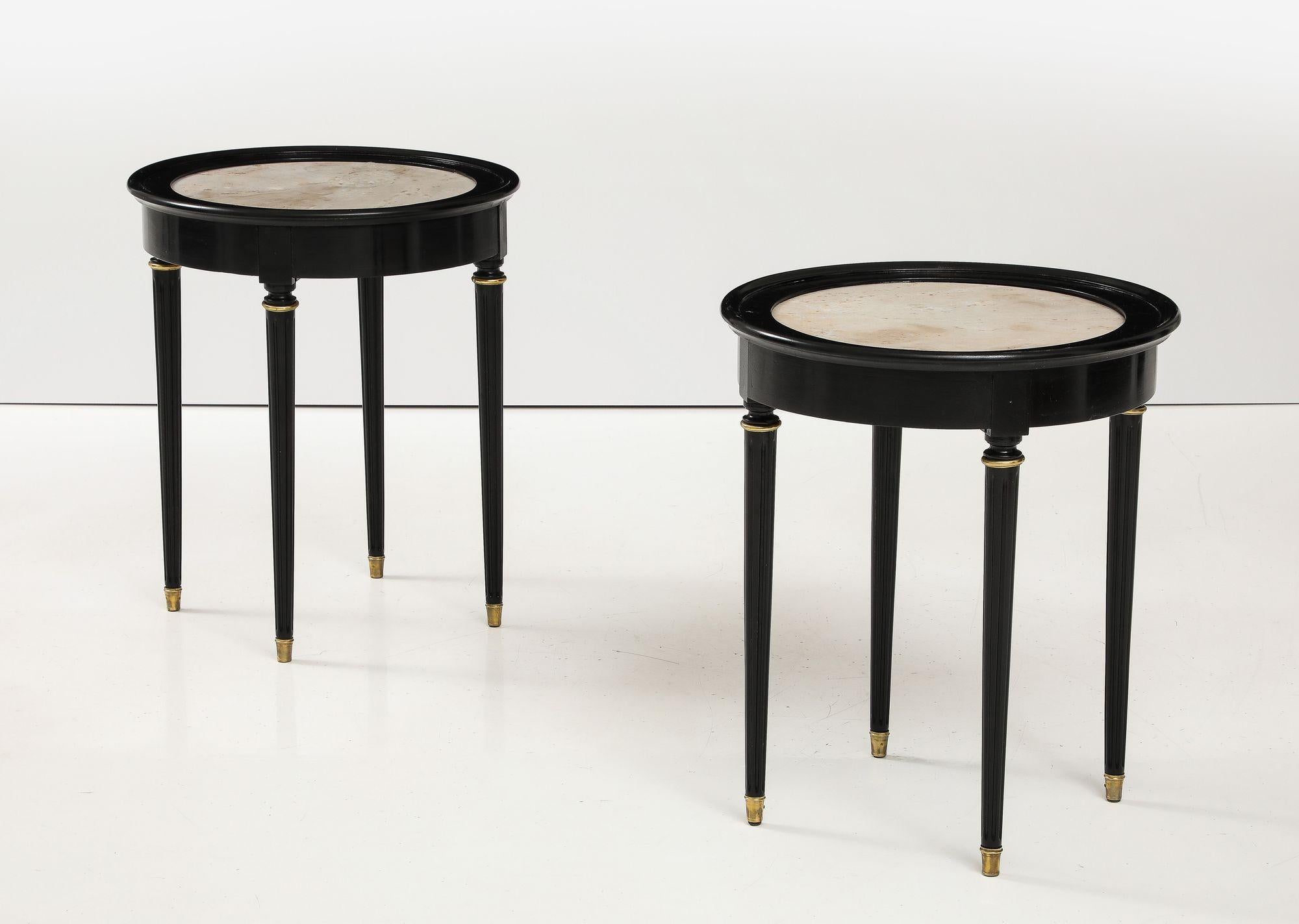 A great Pair of Black Lacquer Marble Top Circular Side Tables For Sale 5