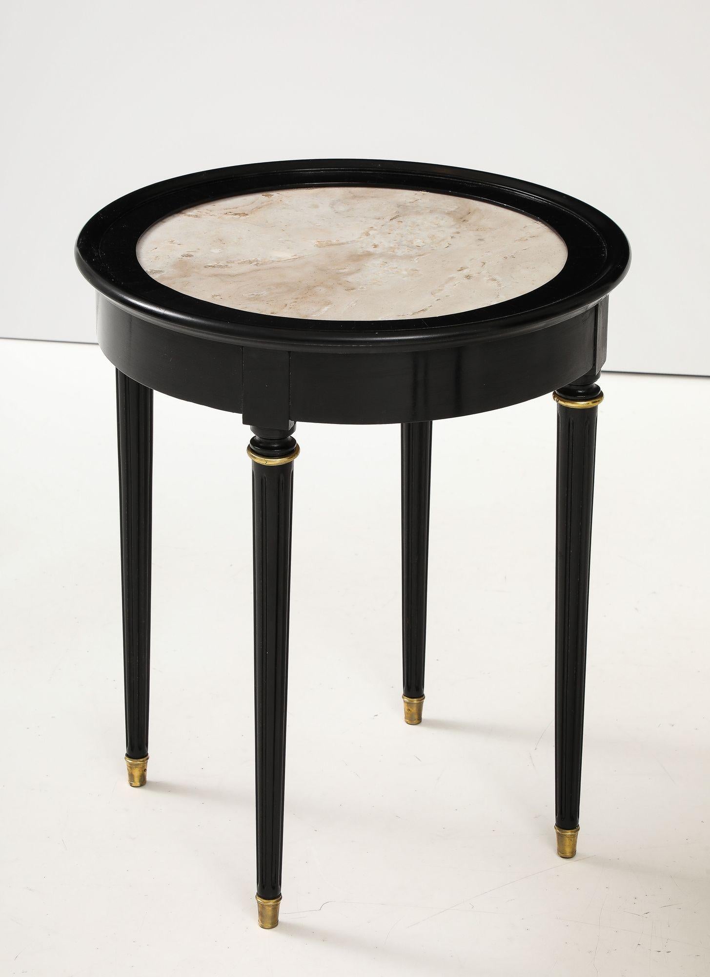 A great Pair of Black Lacquer Marble Top Circular Side Tables For Sale 6