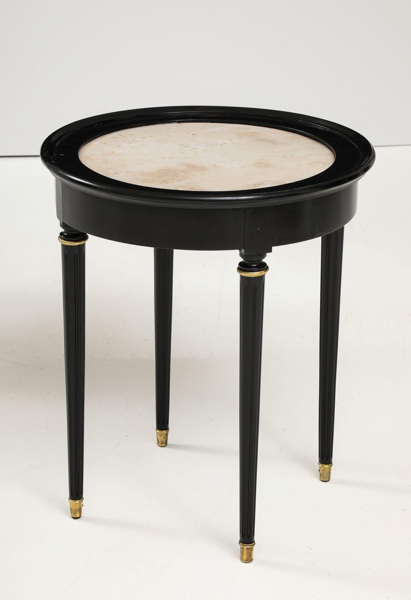 A great Pair of Black Lacquer Marble Top Circular Side Tables For Sale 7