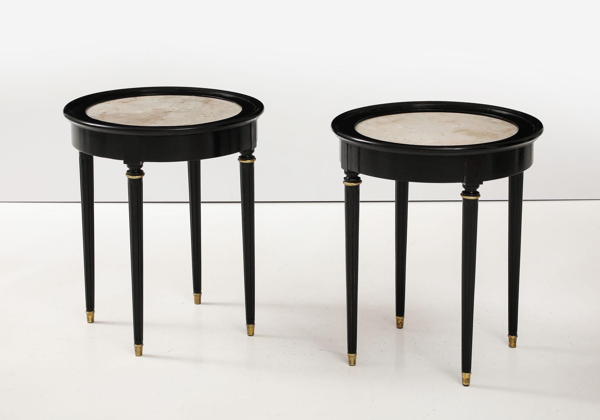 Hollywood Regency A great Pair of Black Lacquer Marble Top Circular Side Tables For Sale