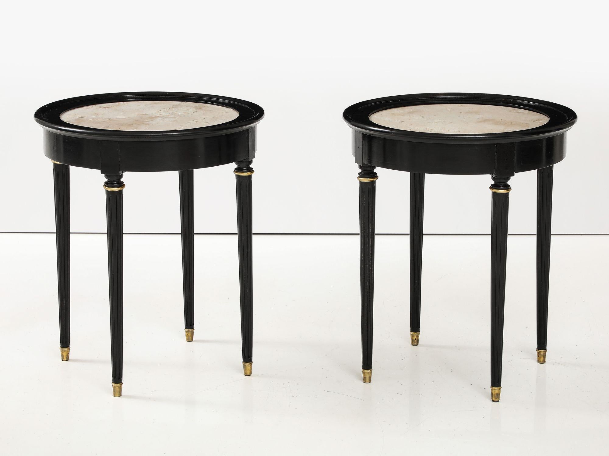 Mid-20th Century A great Pair of Black Lacquer Marble Top Circular Side Tables For Sale