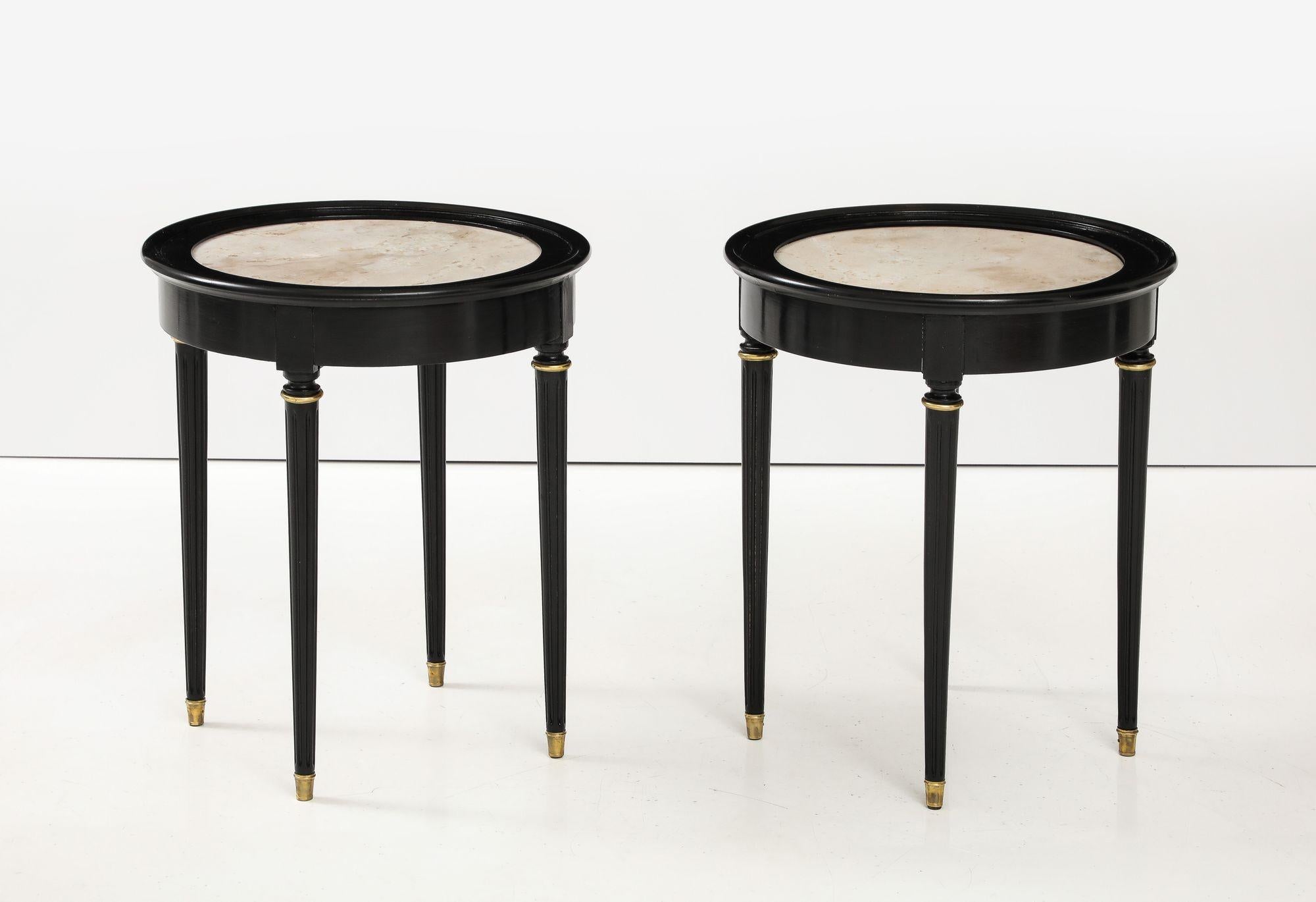 A great Pair of Black Lacquer Marble Top Circular Side Tables For Sale 1