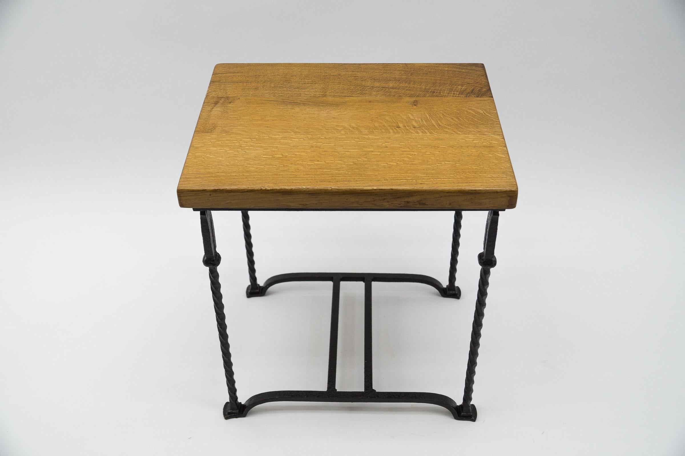 Great Set of 4 Wrought Iron and Solid Oak Side Tables, France, 1960s 4
