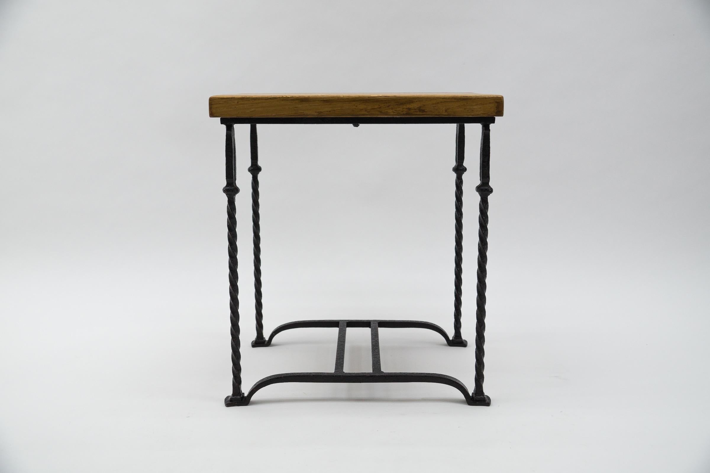Great Set of 4 Wrought Iron and Solid Oak Side Tables, France, 1960s 5