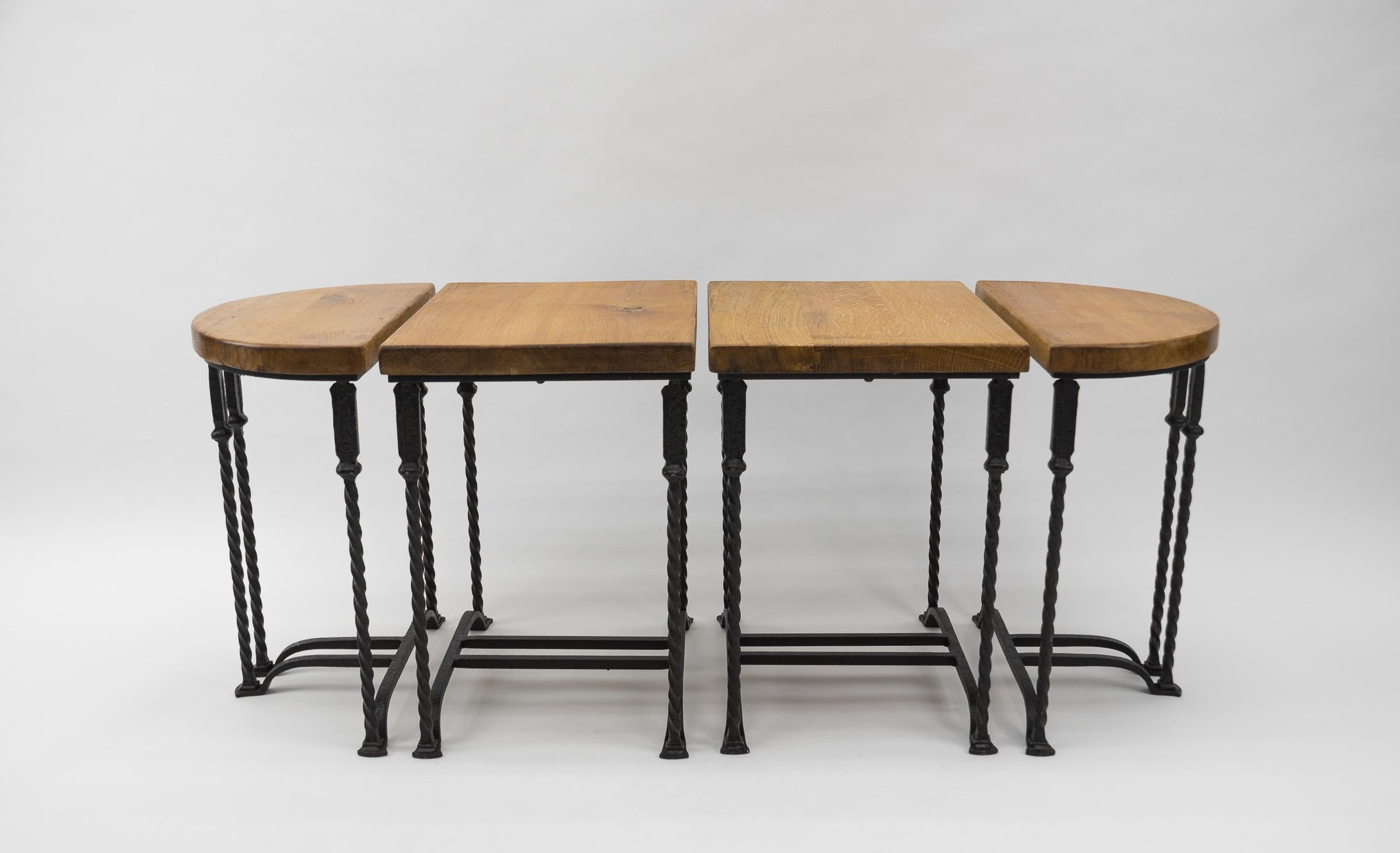 Rustic Great Set of 4 Wrought Iron and Solid Oak Side Tables, France, 1960s