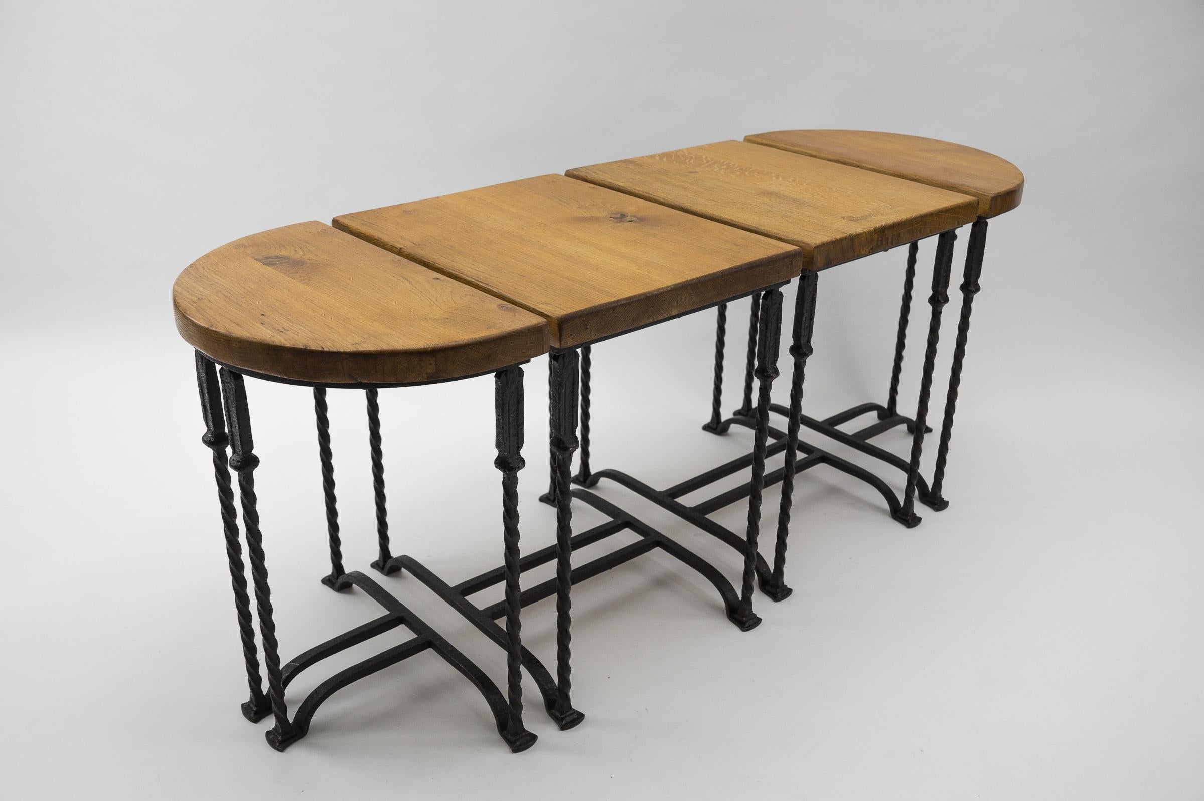 French Great Set of 4 Wrought Iron and Solid Oak Side Tables, France, 1960s