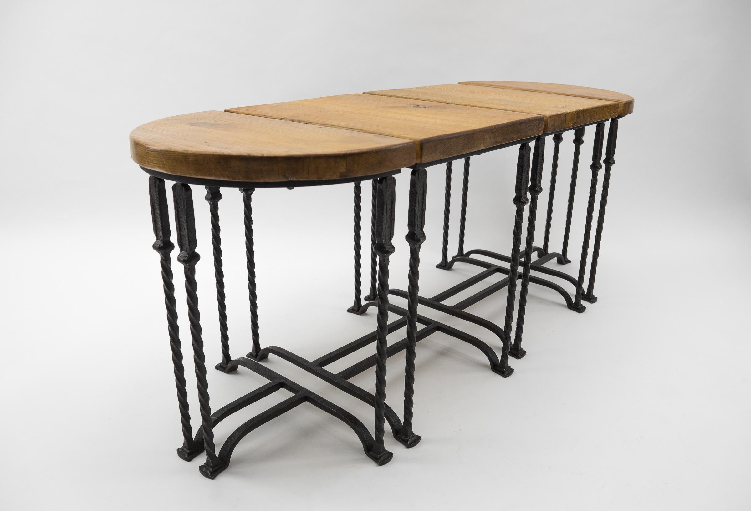 Great Set of 4 Wrought Iron and Solid Oak Side Tables, France, 1960s In Good Condition In Nürnberg, Bayern