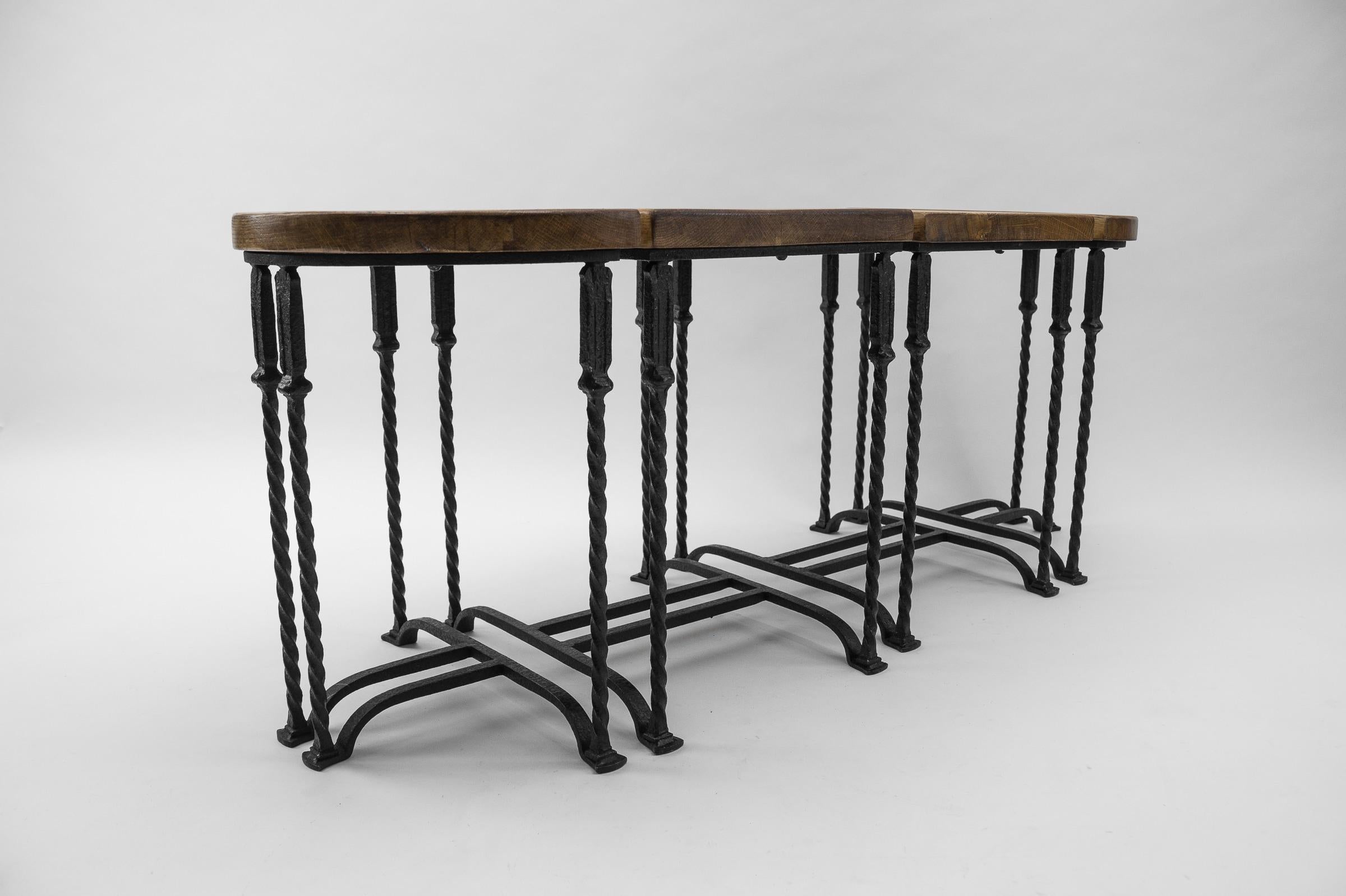 Mid-20th Century Great Set of 4 Wrought Iron and Solid Oak Side Tables, France, 1960s