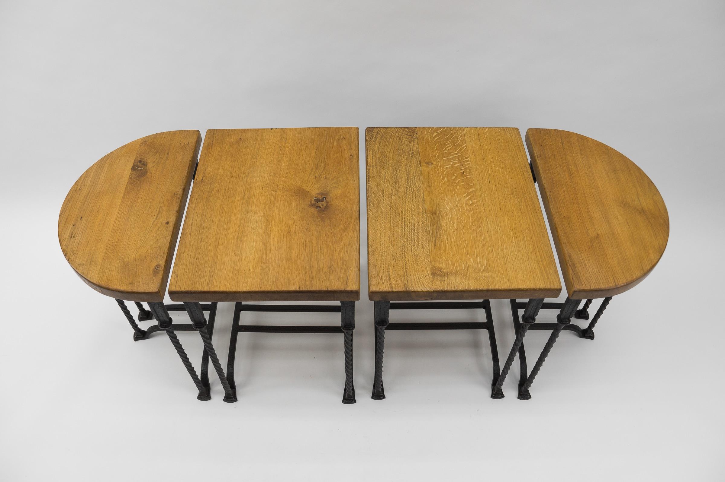 Great Set of 4 Wrought Iron and Solid Oak Side Tables, France, 1960s 1