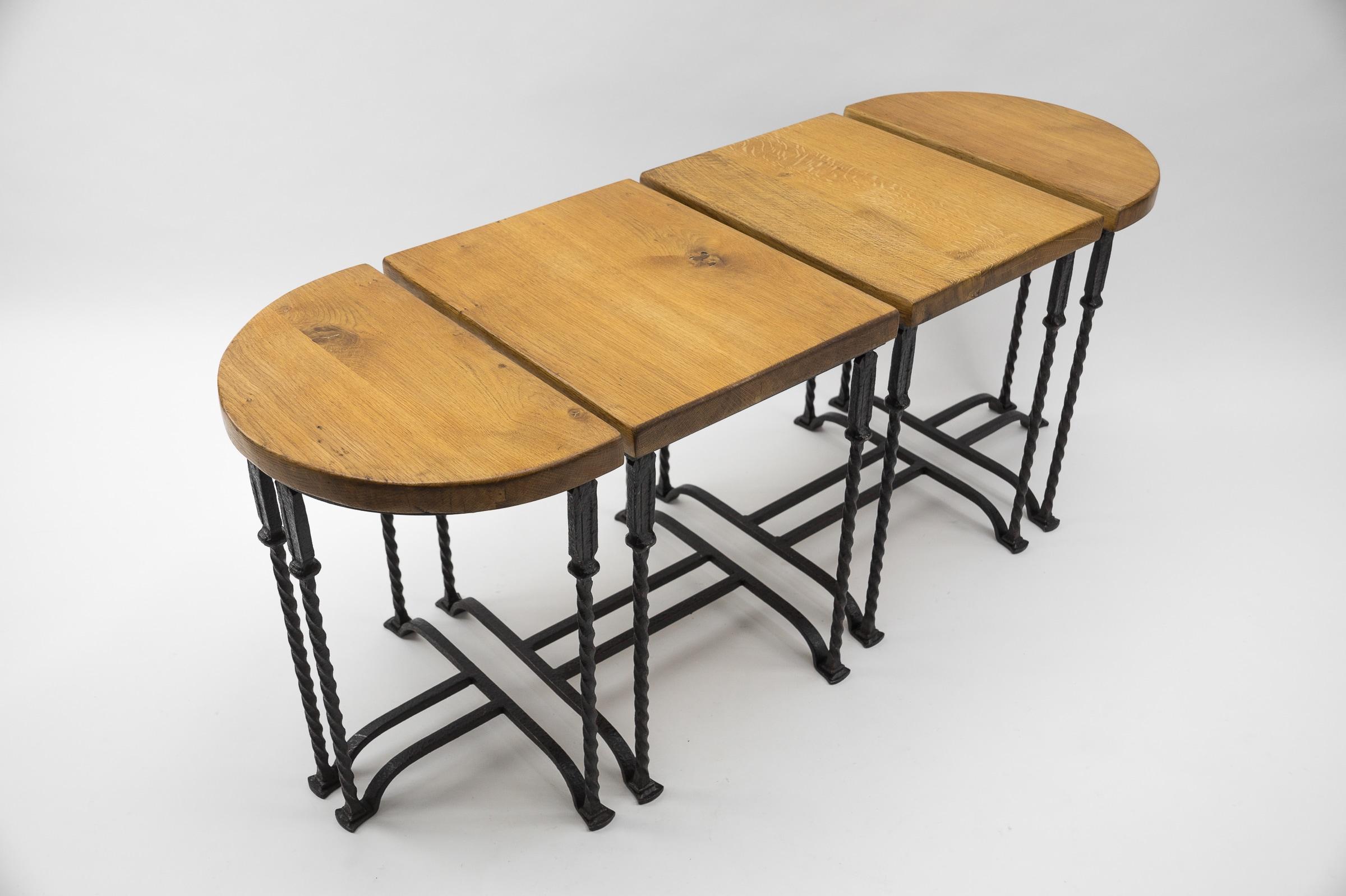 Great Set of 4 Wrought Iron and Solid Oak Side Tables, France, 1960s 2