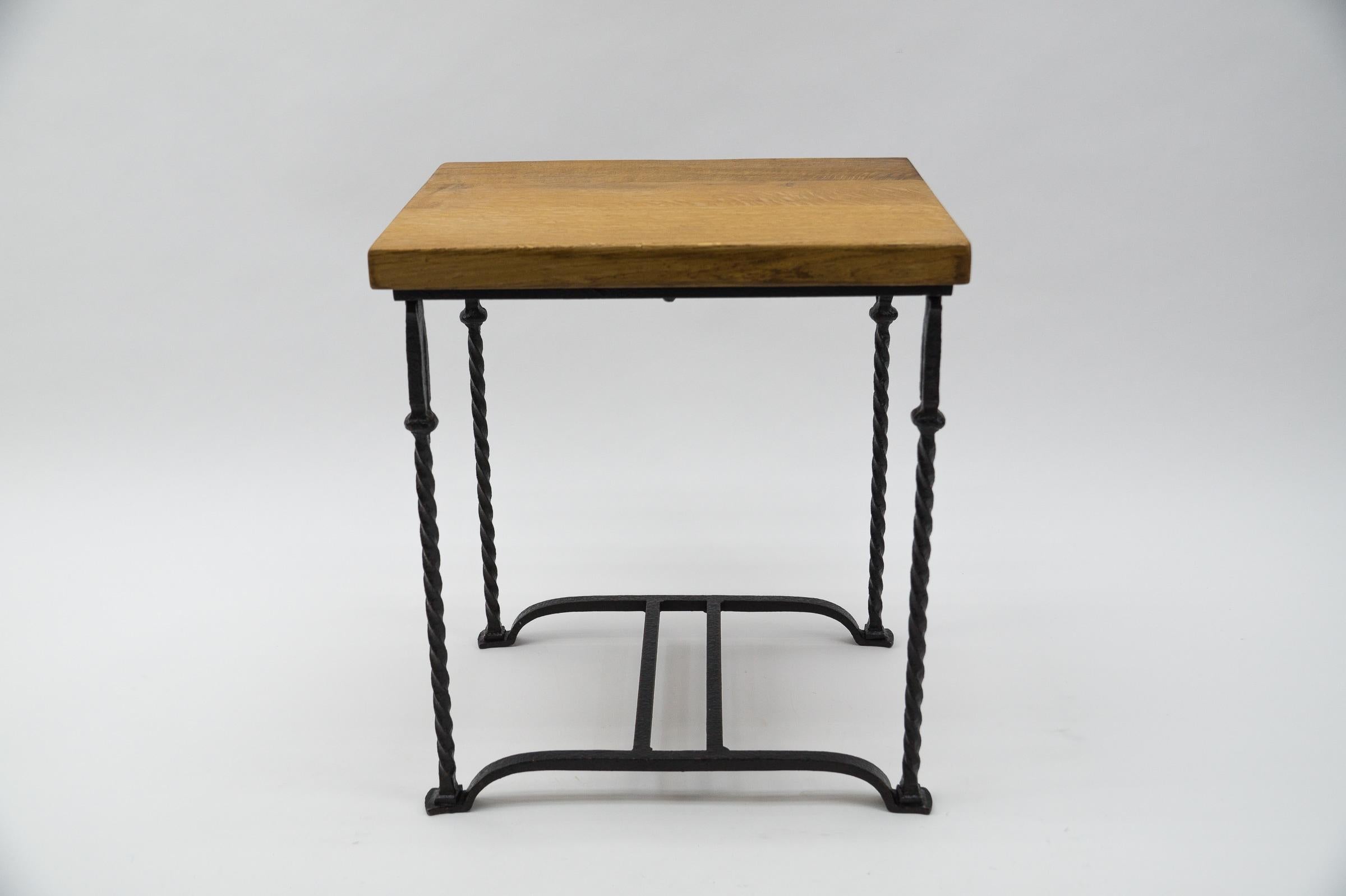 Great Set of 4 Wrought Iron and Solid Oak Side Tables, France, 1960s 3