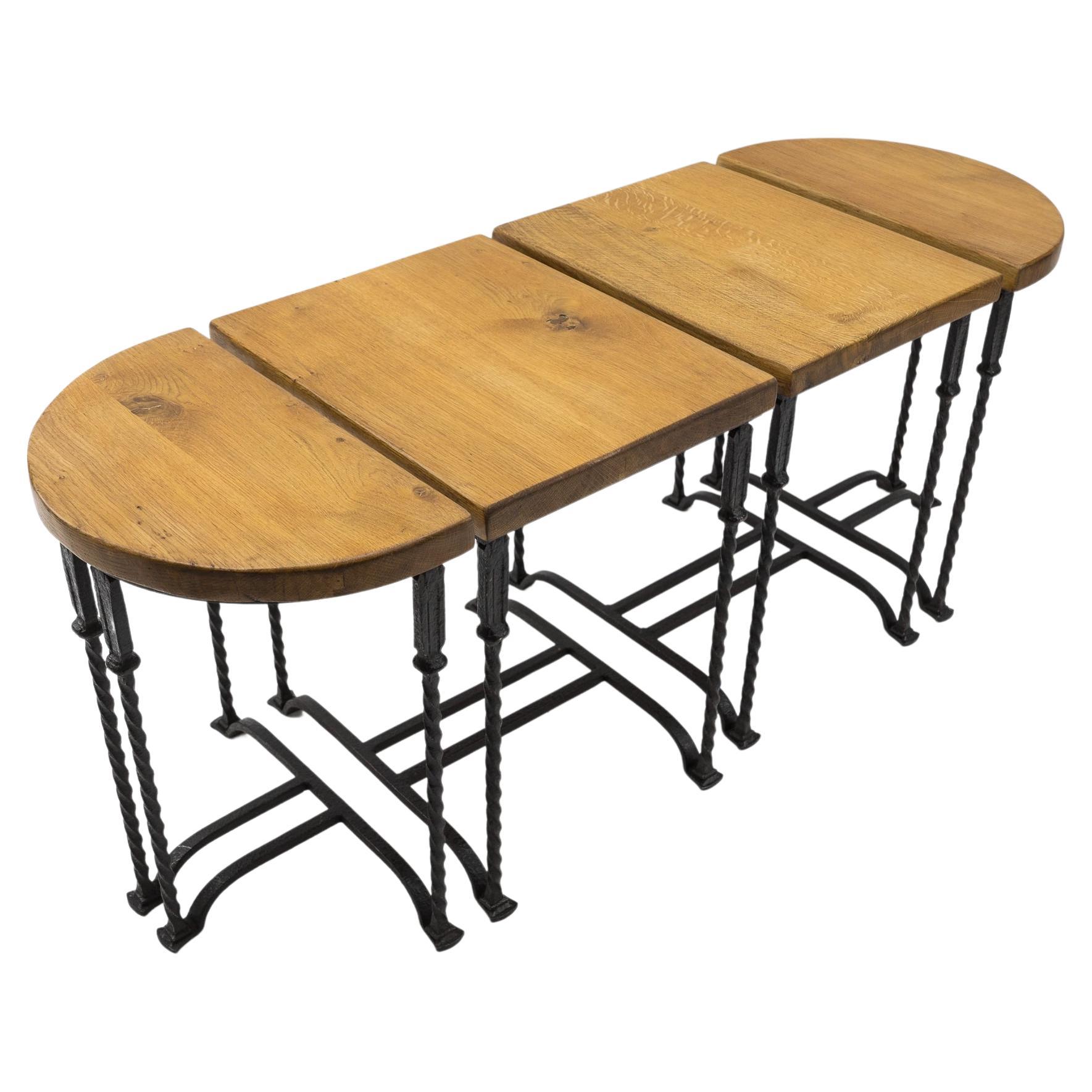 Great Set of 4 Wrought Iron and Solid Oak Side Tables, France, 1960s