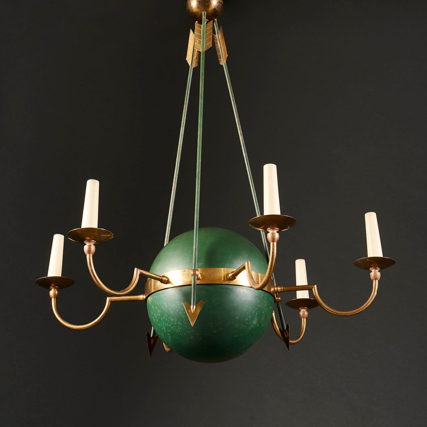 Green and Brass Empire Chandelier In Good Condition In London, GB