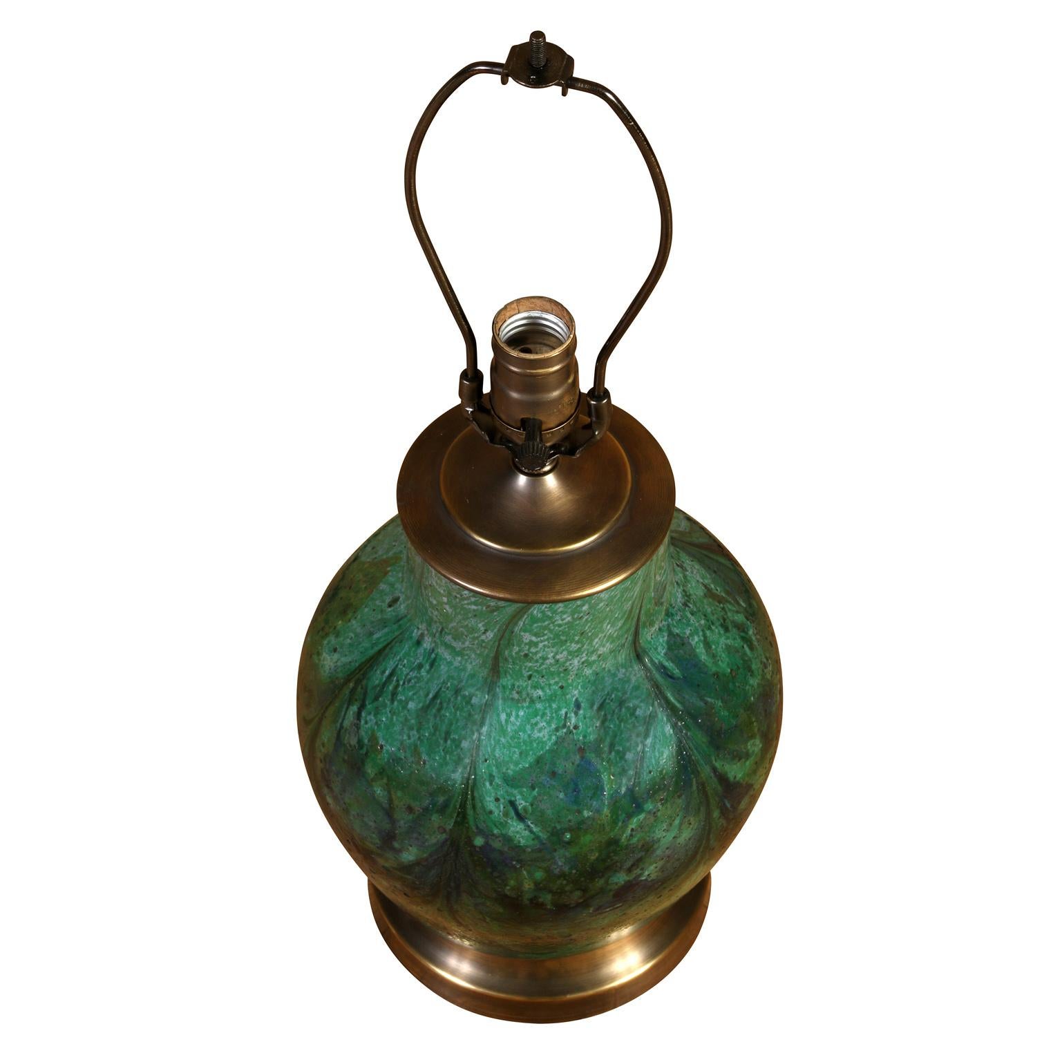 A Green Ceramic Lamp on a Brass Base In Good Condition For Sale In New York, NY