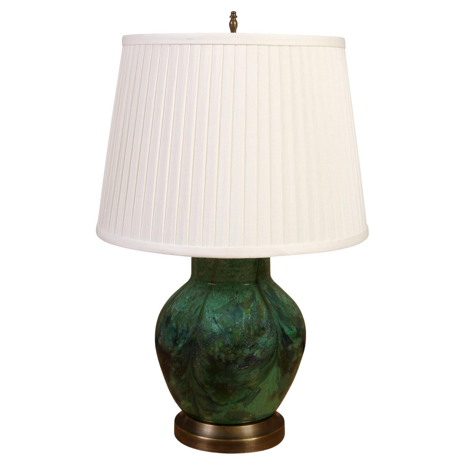A Green Ceramic Lamp on a Brass Base For Sale