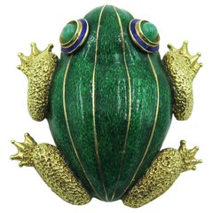 Green Enamel and Gold Frog Brooch