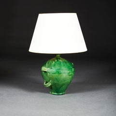 Green Glaze Amphora Form Vase as a Table Lamp with Four Handles