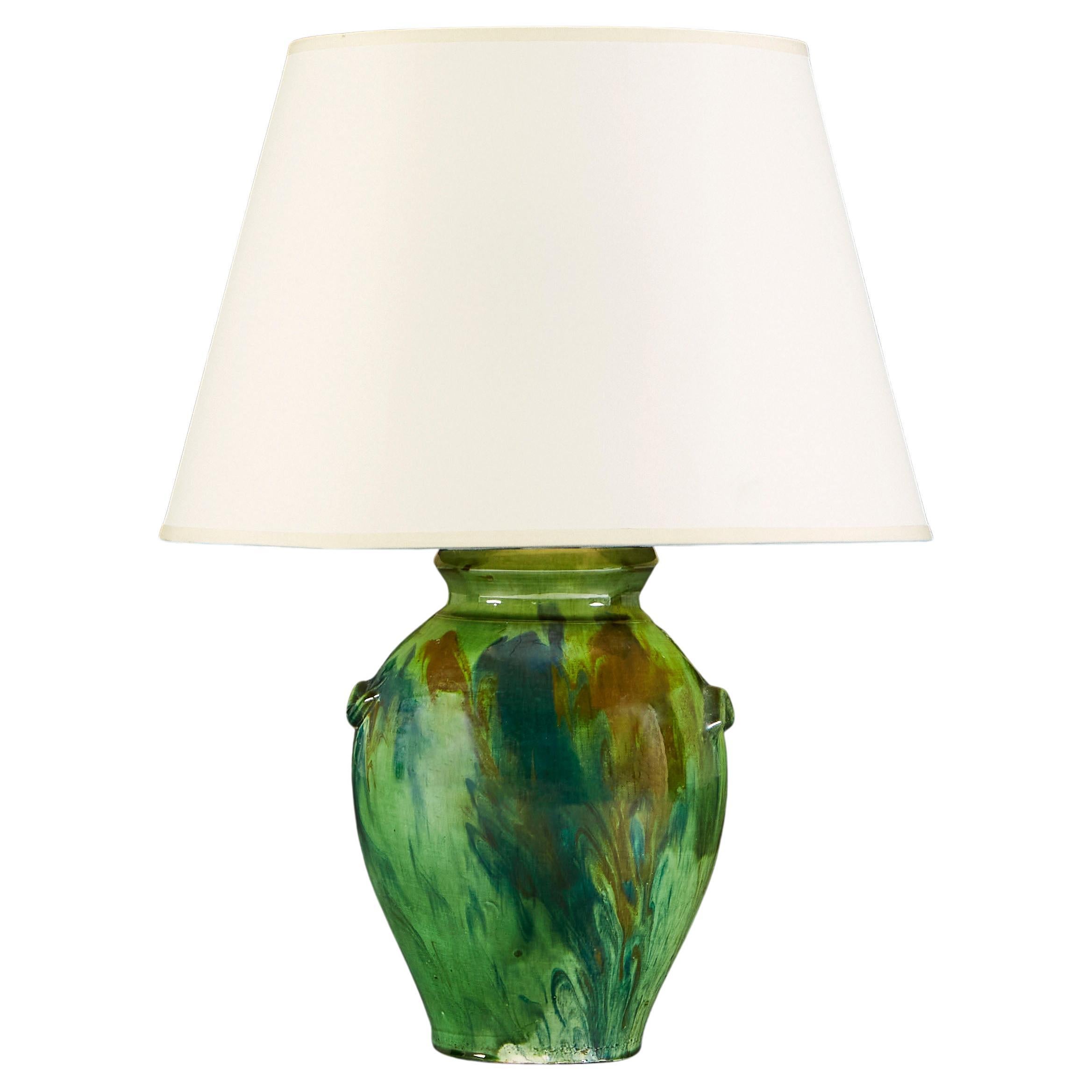 Hand Thrown, Blue and Green Glazed Pottery Table Lamp For Sale at 1stDibs