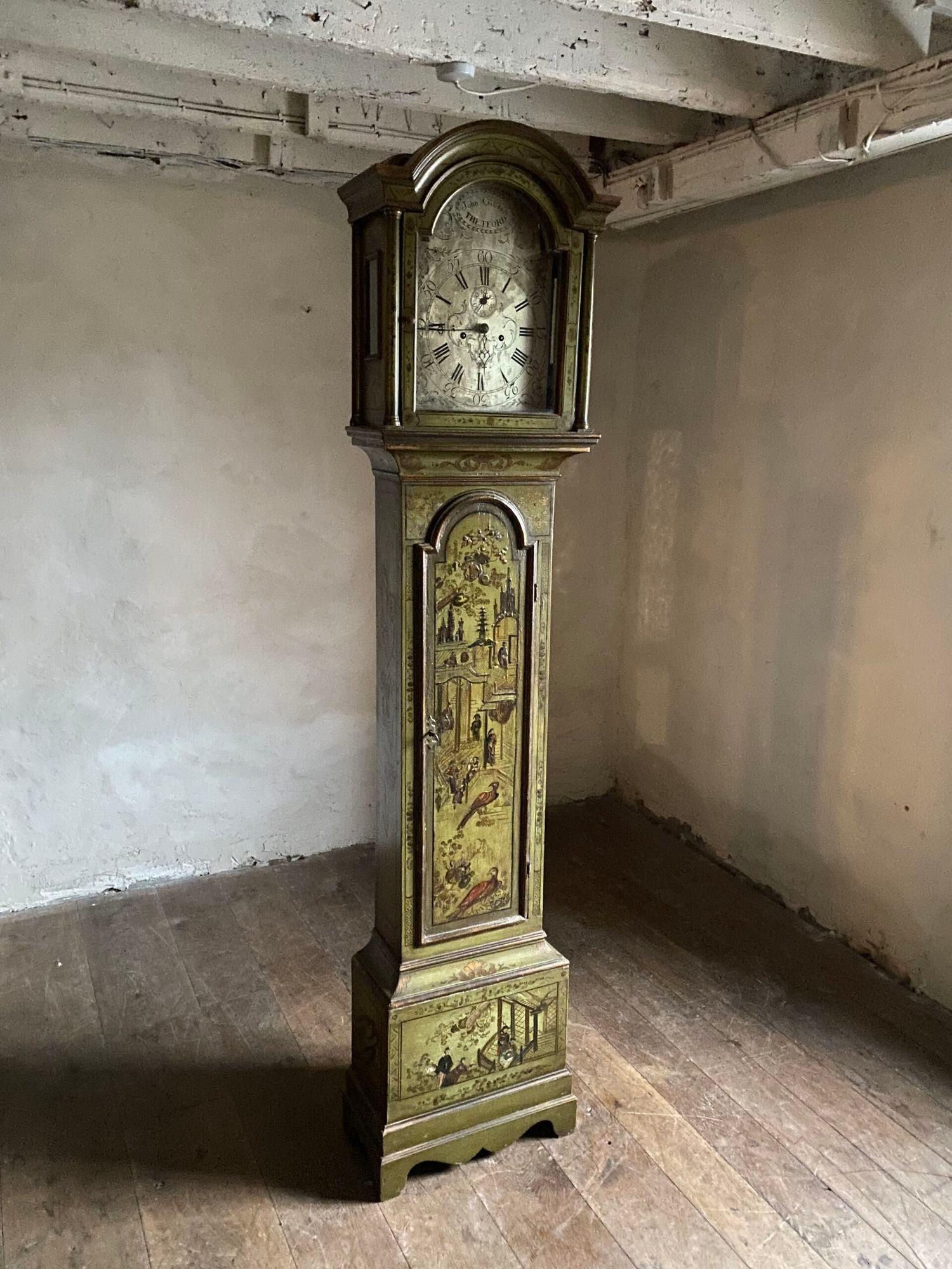 Oak A green lacquered long case clock For Sale