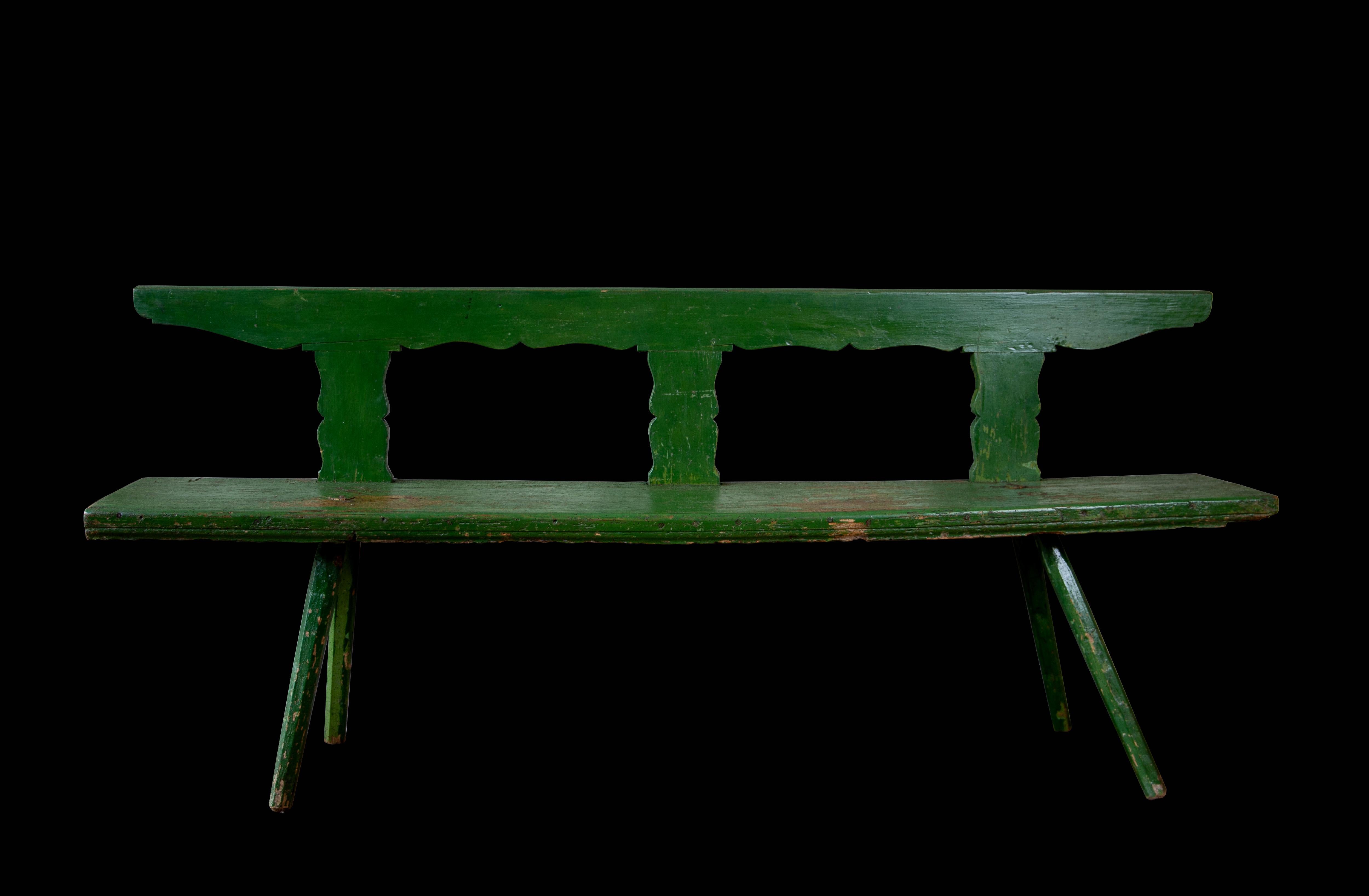 Painted Original patina sculptural green Austrian chalet bench circa 19th century