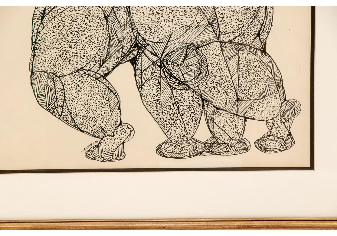 An intricate and striking Ink Drawing full of movement and coiled energy. Signed lower left. Two figures of women in robes walking, done in stippled ink on off-white paper.
sight 23 1/2 x 17 1/4
