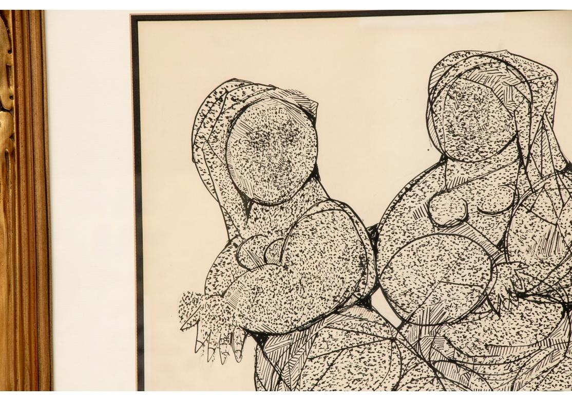 20th Century A. Green, Signed Modern Ink On Paper, Two Figures For Sale