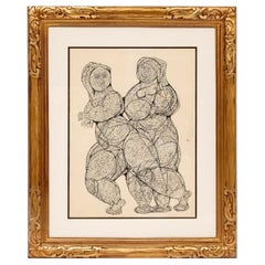 Vintage A. Green, Signed Modern Ink On Paper, Two Figures
