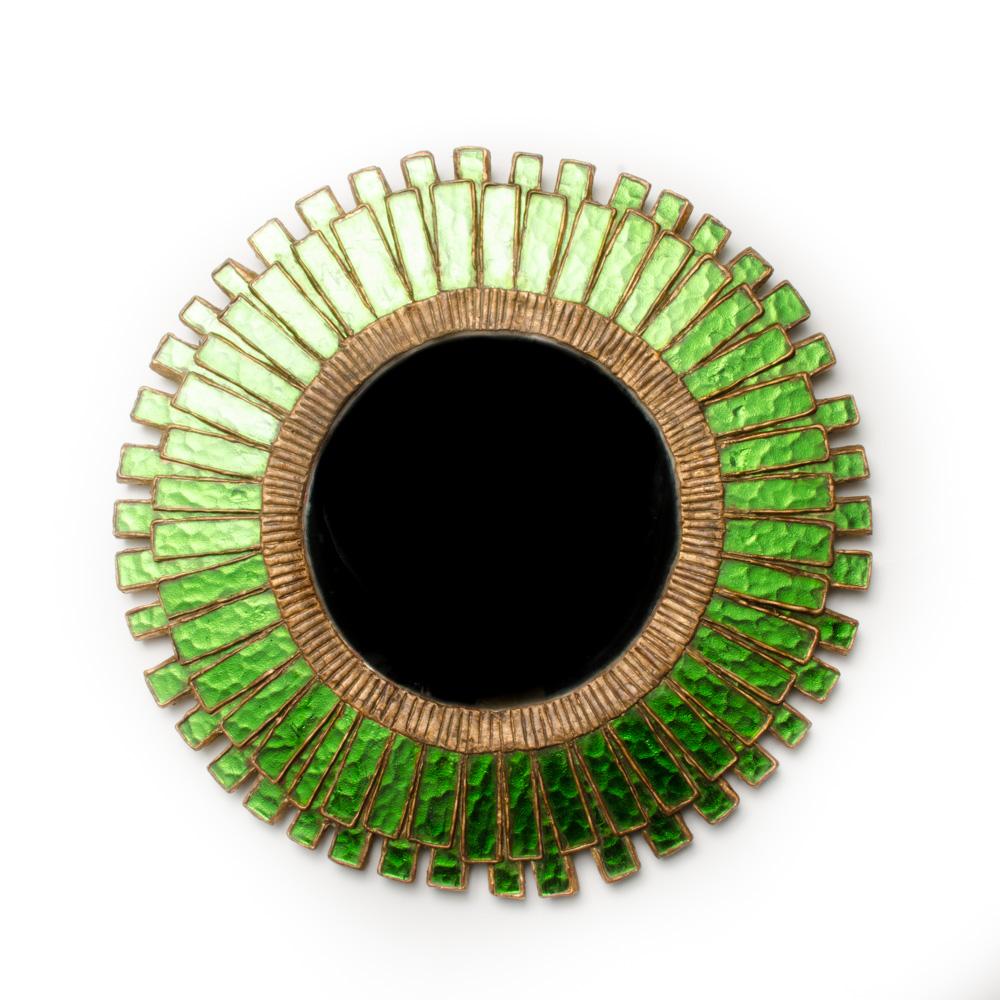 A circular green glass mirror in the manner of Line Vautrin. The mirror is contemporary and made in South America by an artist exclusively for 2220 Antiques.